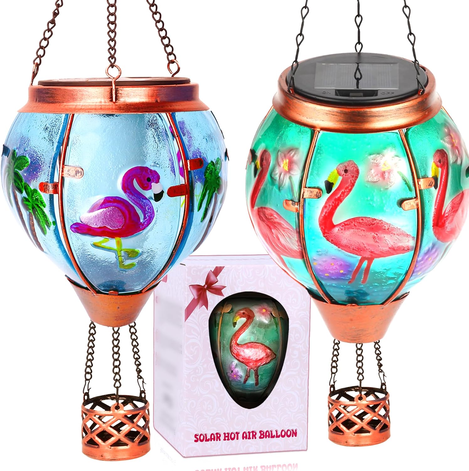2 Pack Flamingos Solar Hot Air Balloon Lantern,Outdoor Decor with Flame Lights Waterproof, Hanging for Garden Yard Lawn Patio, Unique Gifts for Women Mom Grandma Gardener for Mother'Day Christma