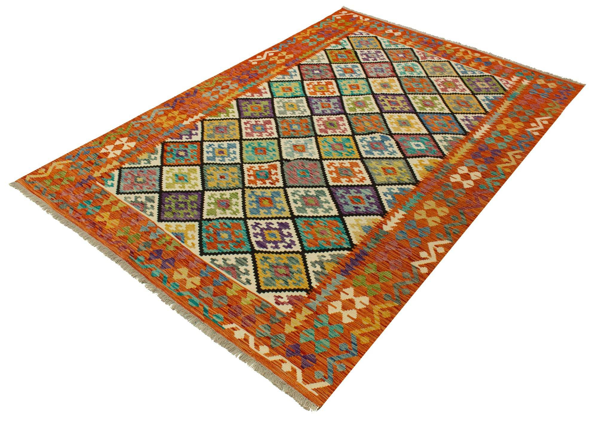 Tapis Kilim 100 % laine 300 x 200 cm fait à la main une pièce unique Herat Boho multicolore tissé plat tapis pour salon et salle à manger