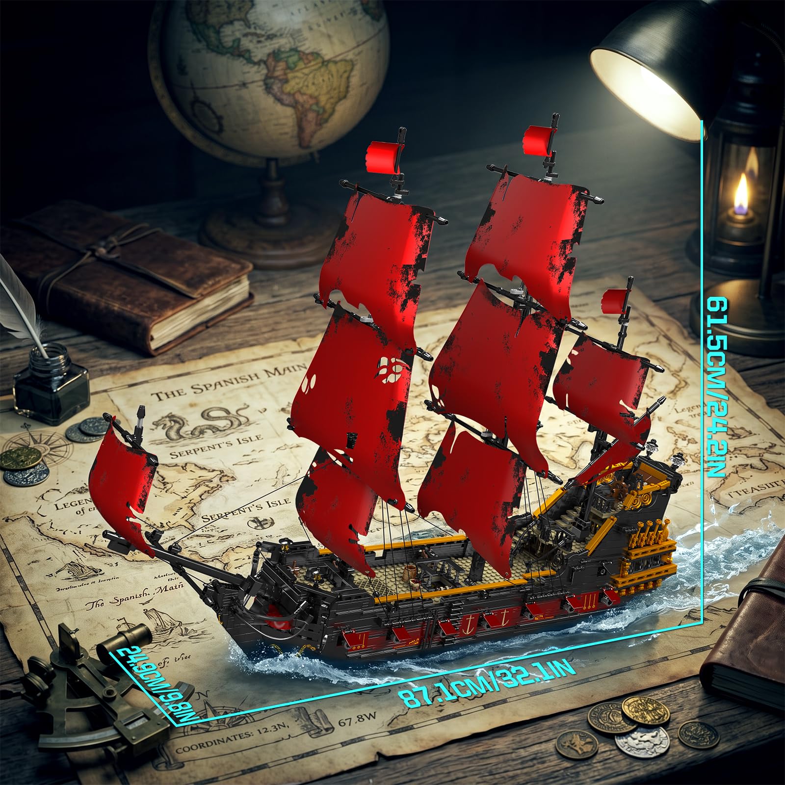 Mould King 13109 Technik Segelboot Modell,The Queen Annes Revenge Großes Rotes Piratenschiff Clamping Blocks Kit 3139 Teile Groß MOC Technologie Königin Annes Rache Klemmbausteine Bausatz
