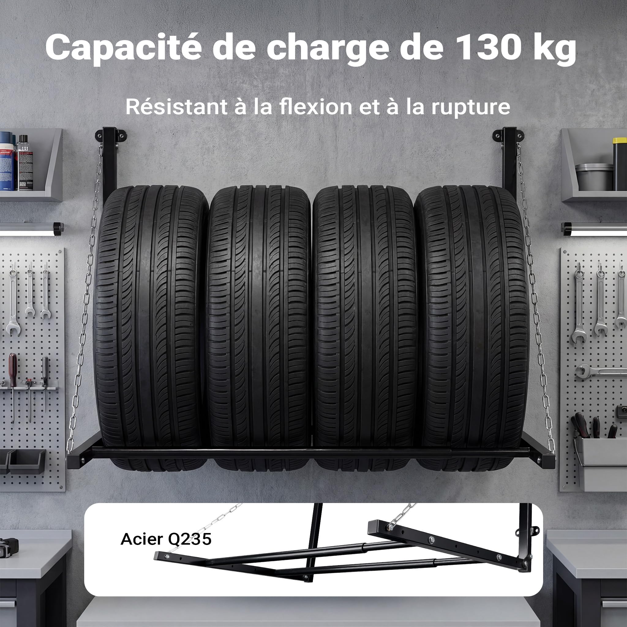 WilTec Support Mural pour 4 Pneus Rangement Pneus Porte-Roues Stockage Arbre à Jantes Étagère pour pneus
