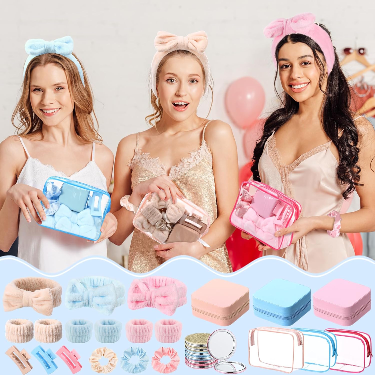48 Pcs Spa Party Favors Sleepover Party Supplies Bow Headband Wristband Scrunchies Hair Clip Jewelry Case Makeup Bag Mirror for Women Bridesmaid Gifts Graduation Gift (Multicolor)