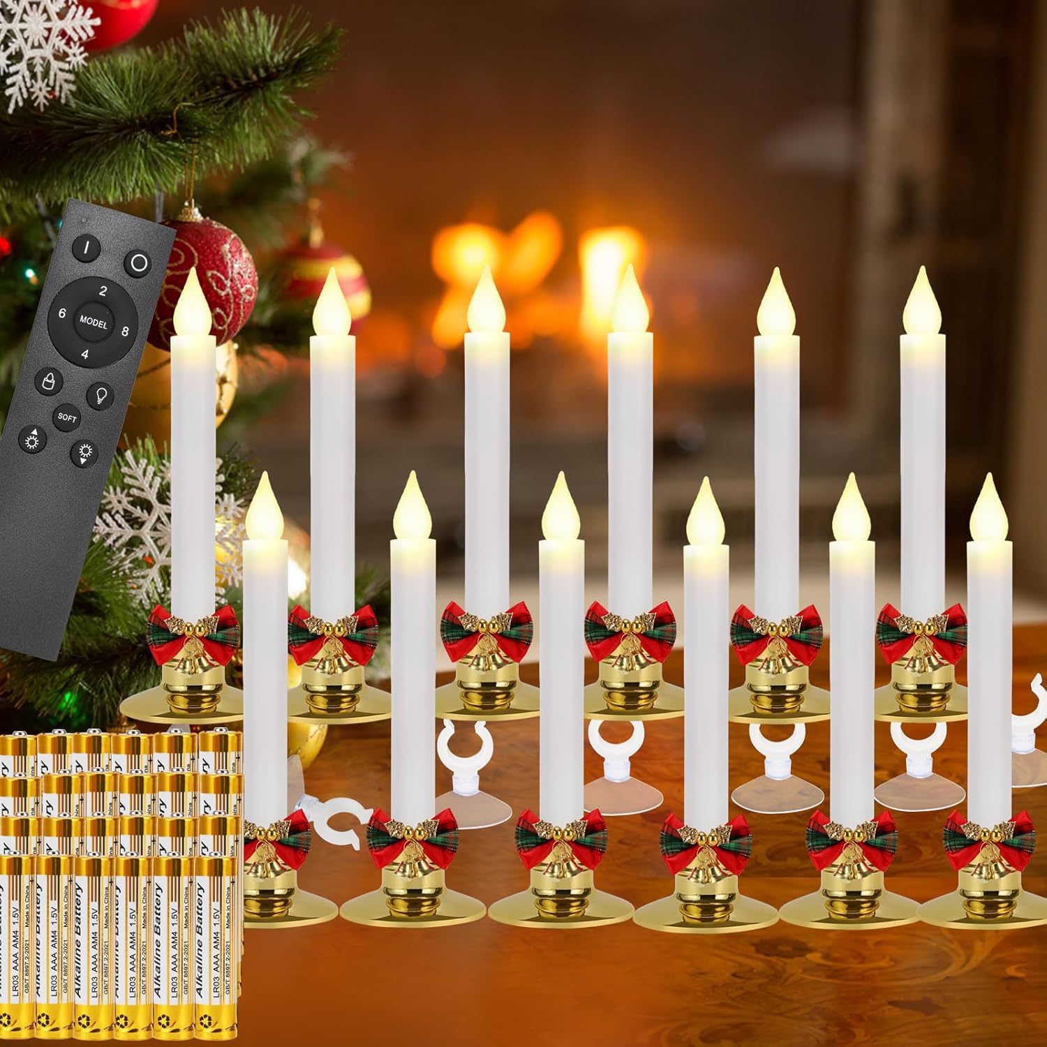 12 Set Christmas Window Candles Lights with Timer Battery Operated Electric LED Taper Candles Flameless for Windows, Gold Candle Holders, Suction Cups & 24 PCS Battery Included (12 Set)