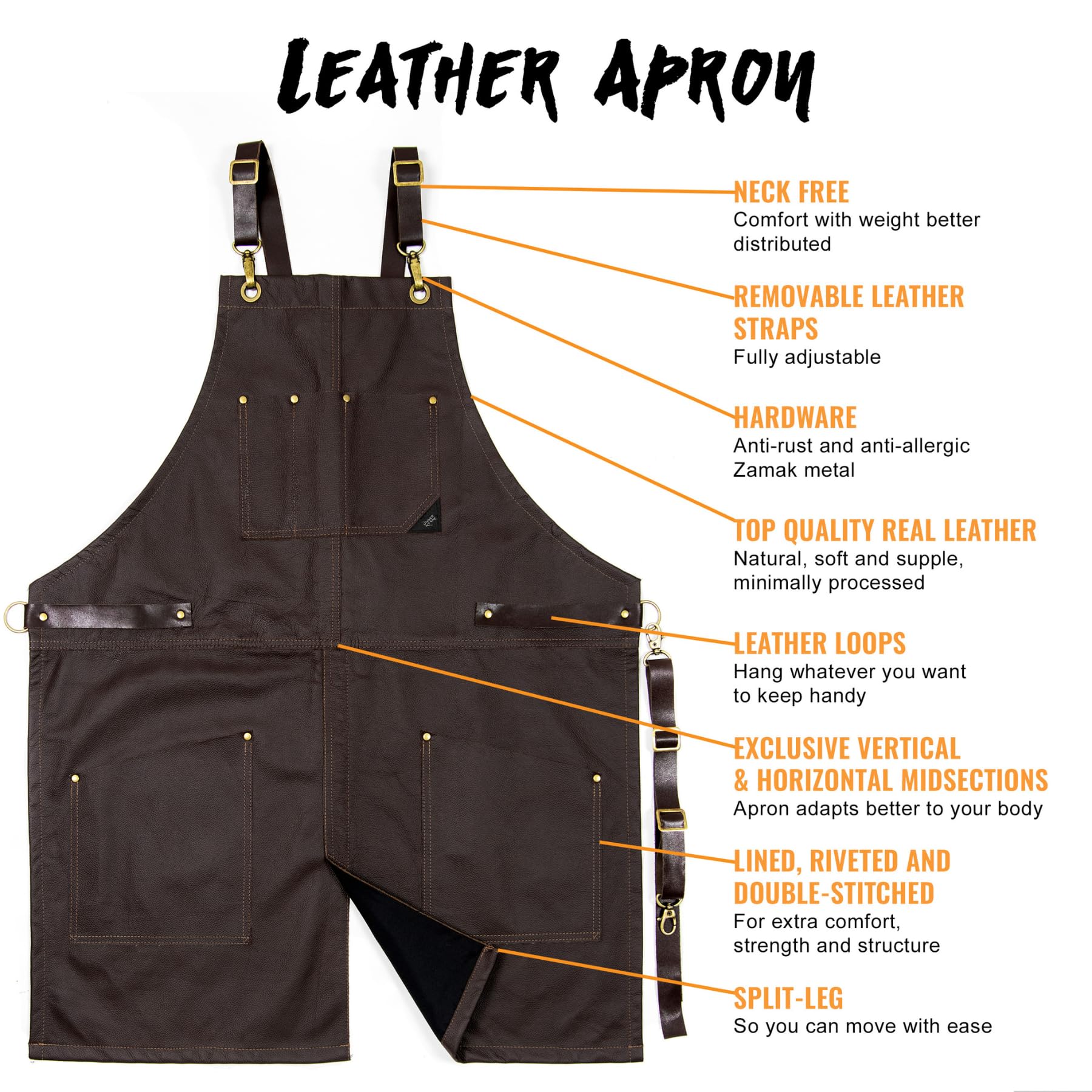 Under NY Sky Delantal de Piel - Mandil de Cuero Genuíno - Correas de Espalda Cruzadas - Forro Interno - Ajustable para Hombres y Mujeres - Chef, Barista, Barbero, Carpintero, Tienda, Barman