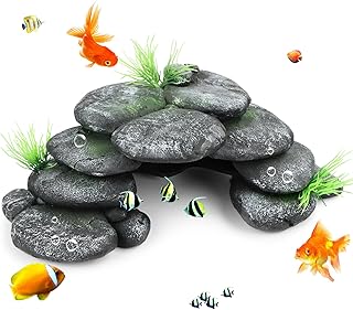 MplehDa Aquarium Deko Felsenhöhle Rock Cave Dekoration mit Grün Gras Aquarium-Versteck Harz Höhle Mountain Polyresin Landschaft Fish Tank Resin Decorate für Fish Tank