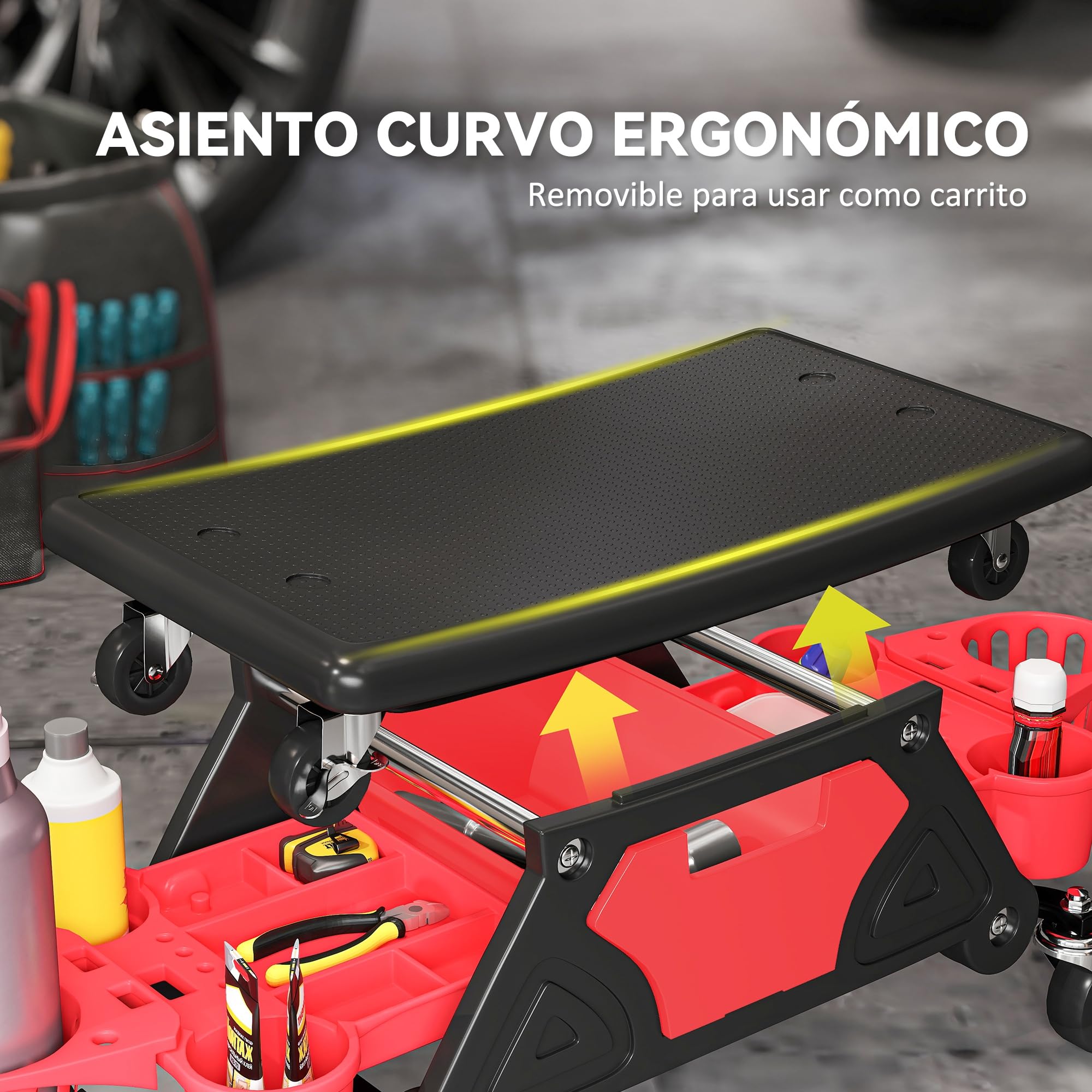 HOMCOM Taburete de Taller Giratorio con Ruedas Altura Ajustable Asiento Taburete para Mecánico con 2 Bandejas para Herramientas Portavasos Cajón Carga 135 kg para Garaje Reparación de Automóviles Rojo