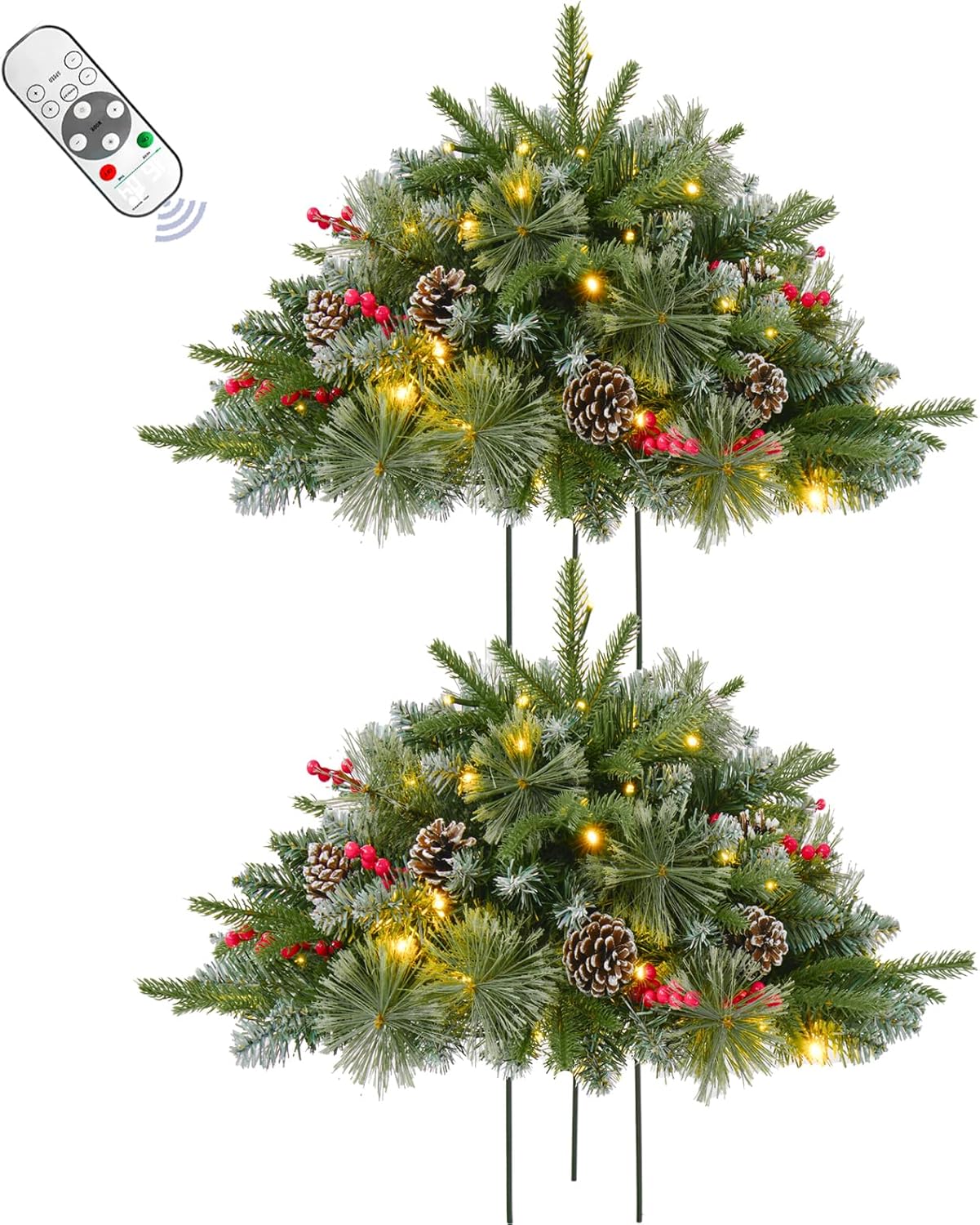 2 Pack 24 Inch Lighted Outdoor Christmas Tree with Dual Color LED Lights, Remote Control Battery Operated Pre-lit Pathway Urn Filler, Christmas Porch Decorations for Home, Porch & Yard Snow White 2ft 6in