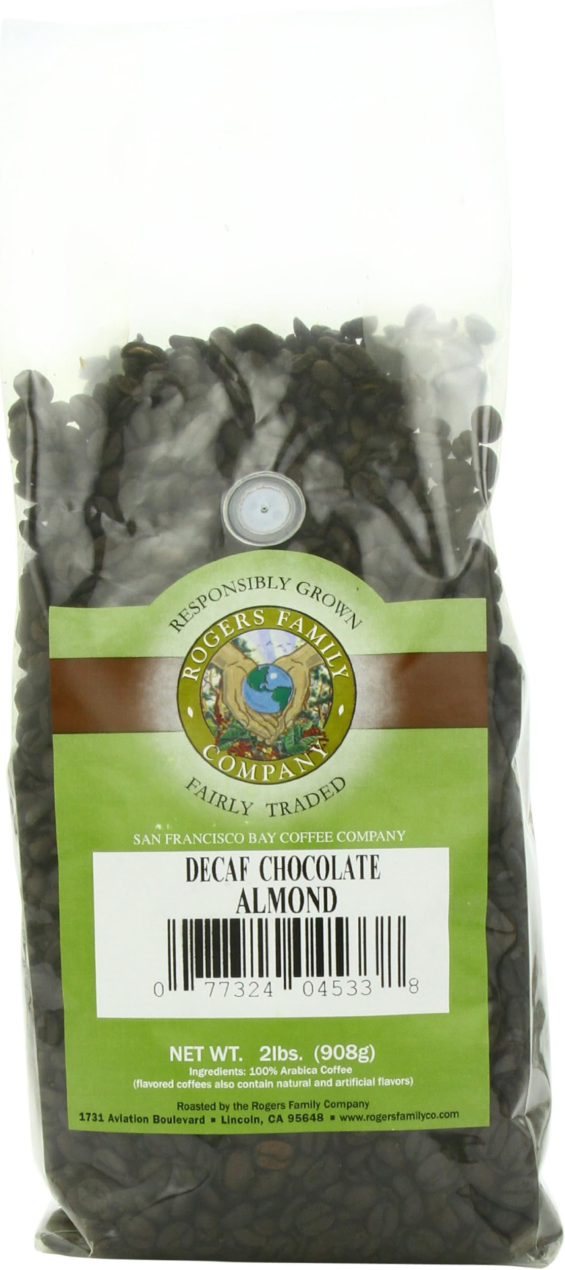 Rogers Family Company Whole Bean Coffee, Decaf Chocolate Almond, 32 Ounce