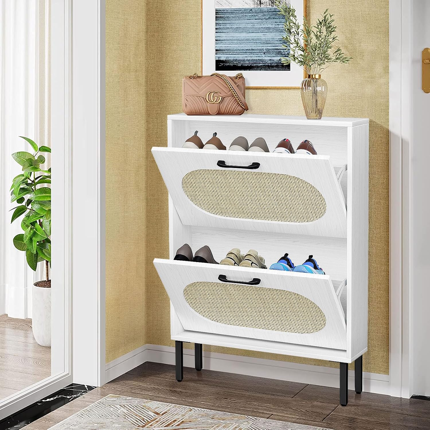 Shoe Storage Cabinet with 2 Natural Rattan Flip Drawers, Wooden Slim Shoe Rack with Semi-Circular Doors, Narrow Freestanding Organizer for Entryway, White