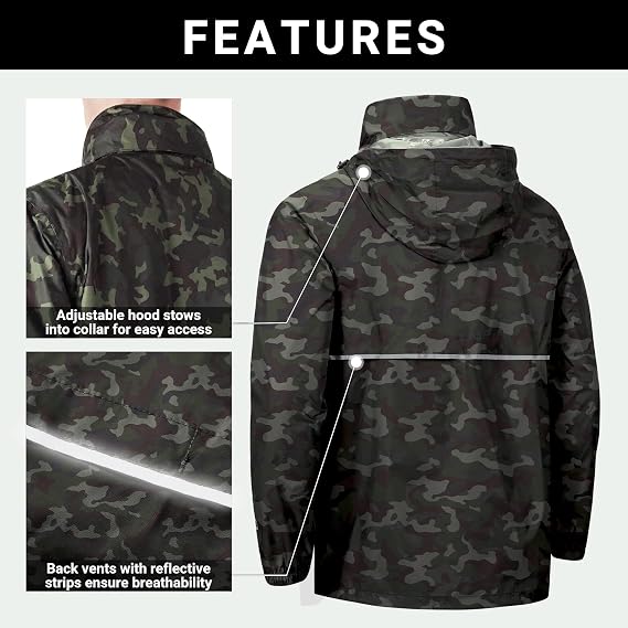 Outdoor Ventures Men's Waterproof Rain Jacket Packable Hooded Pullover