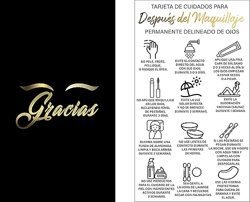 BRAWNA 100 unidades de tarjetas de agradecimiento para cuidado posterior del delineador de ojos PMU español, tarjeta de cuidado para después del