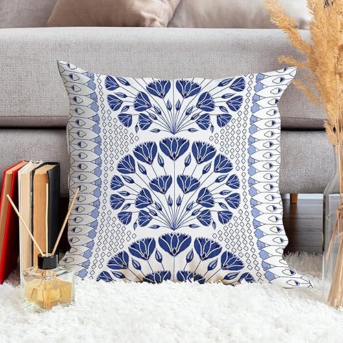 Miniatura 4 de ArogGeld Fundas de cojín de lino blanco con diseño geométrico floral azul Ikat, fundas de cojín de lino blanco y azul con geometría para sofá, sala