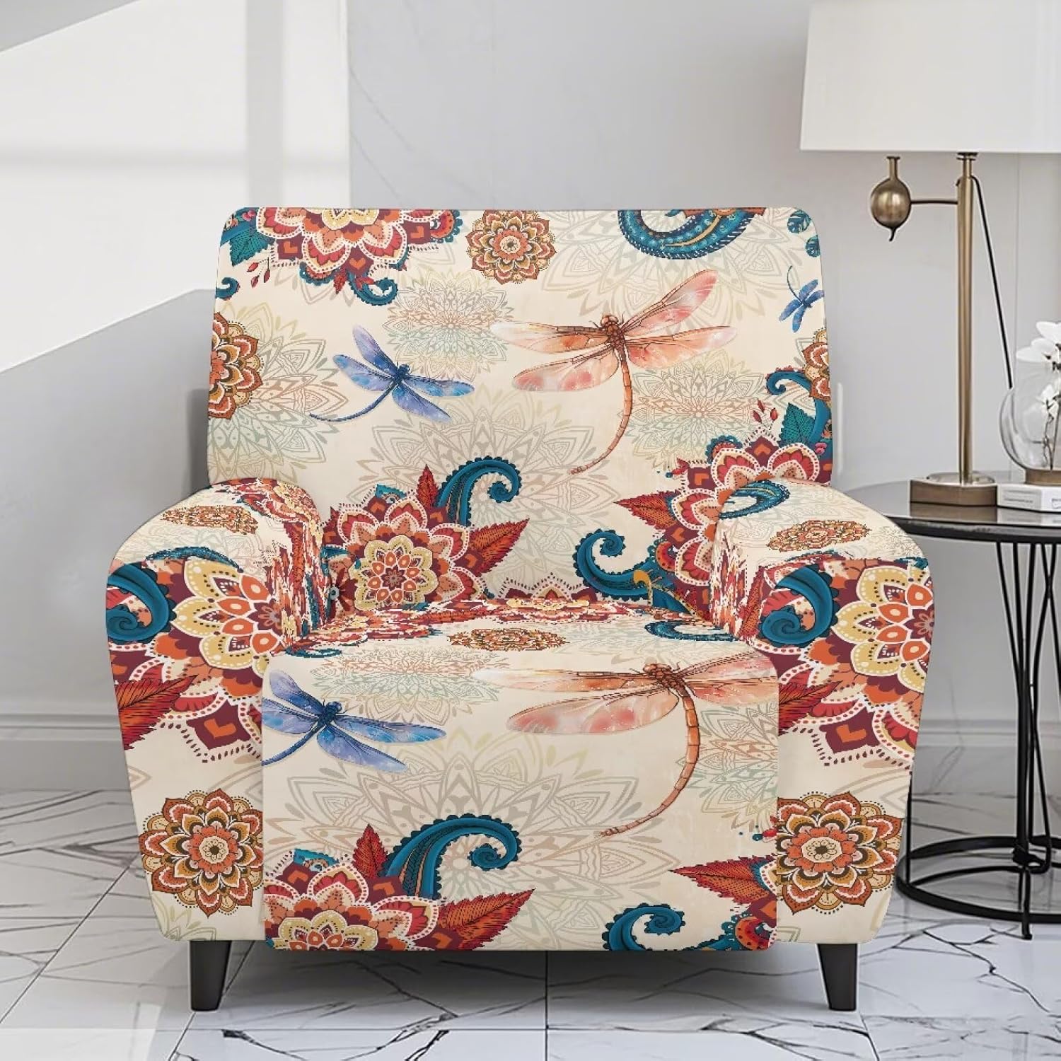 Mandala Print Dragonfly Stretch Lazyboy Recliner Chair Cover with Handle Opening Covers 4 Piece 1 Cushion Reclining Sofa Cover for Chair with Foot Rest Printed Recliner Slipcover Protector