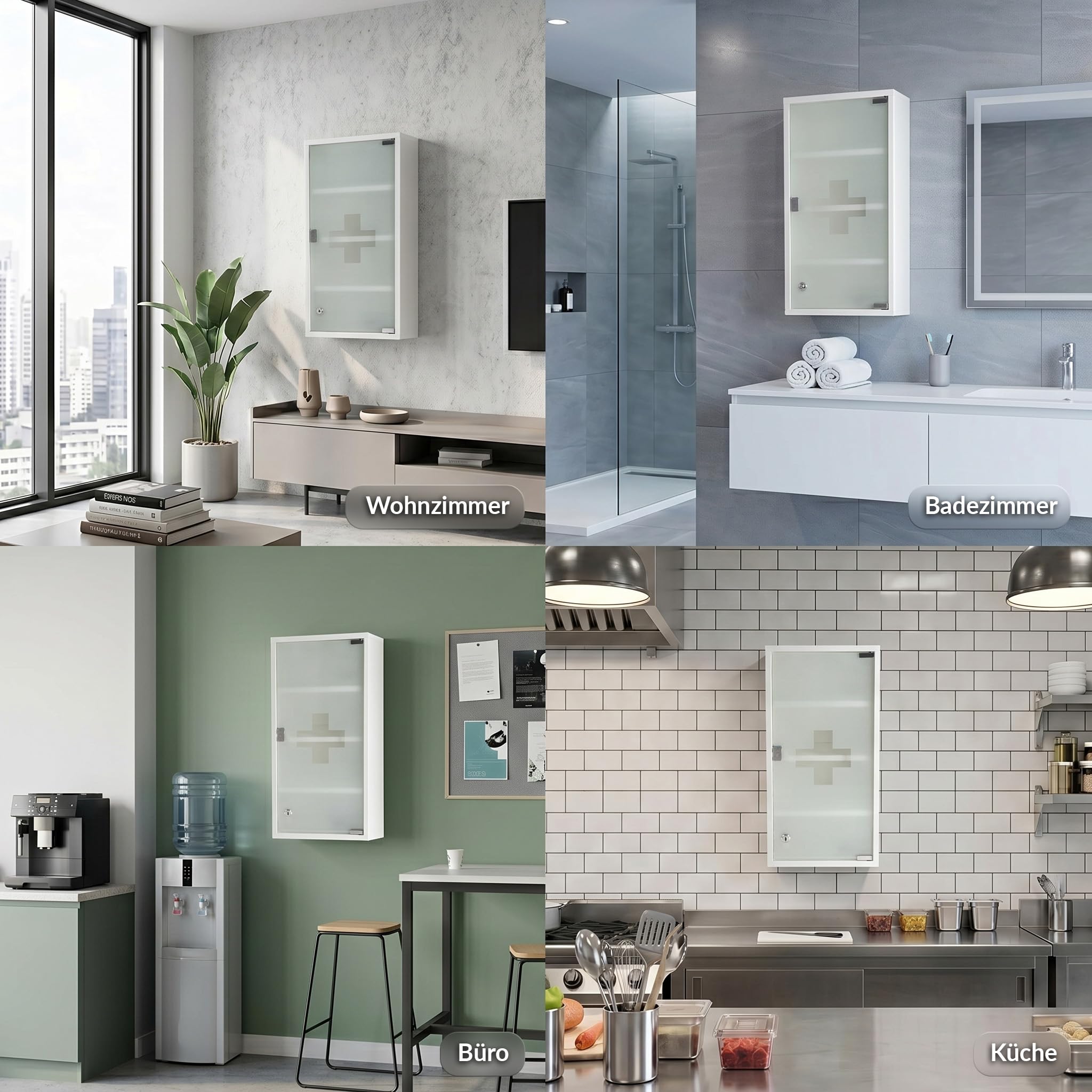 KARAT Medizinschrank Weiß 60x30cm - 4 Fächer – Abschließbarer Arzneischrank mit Milchglastür, Edelstahl oder Metall weiß, Medikamentenschrank für Bad, Küche & Praxis, Allen
