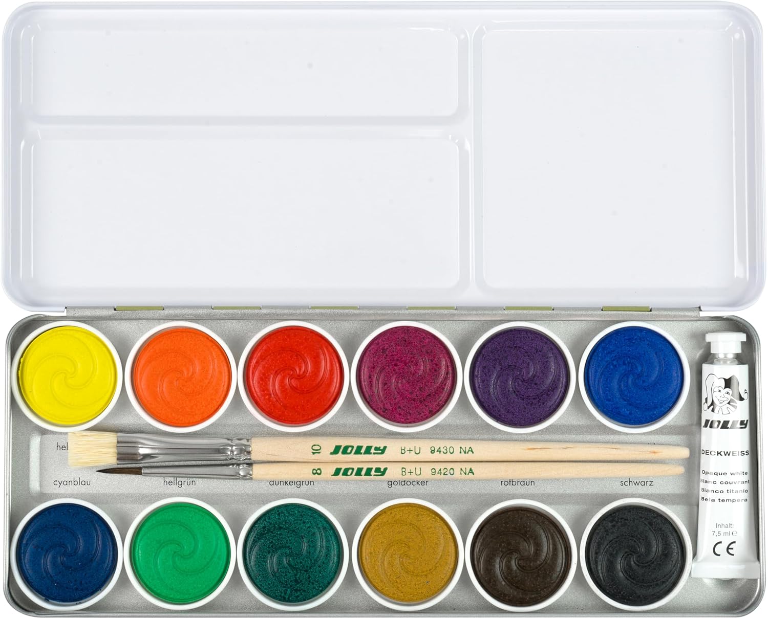 JOLLY Supertabs Classic School Deck Paint Box, 12 Opaque Colours, Includes Opaque White and 2 Brushes in Metal Case, Good Coverage and Mixable Colours, High Pigment Density, Suitable for School and