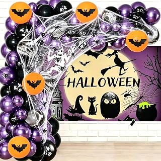 115 Pcs Halloween Balloon Garland Kit with Spider Web & Spiders, Spooky Purple Black Orange Balloons Set for Halloween Party Decorations for Indoor Outdoor, Haunted House Decorations