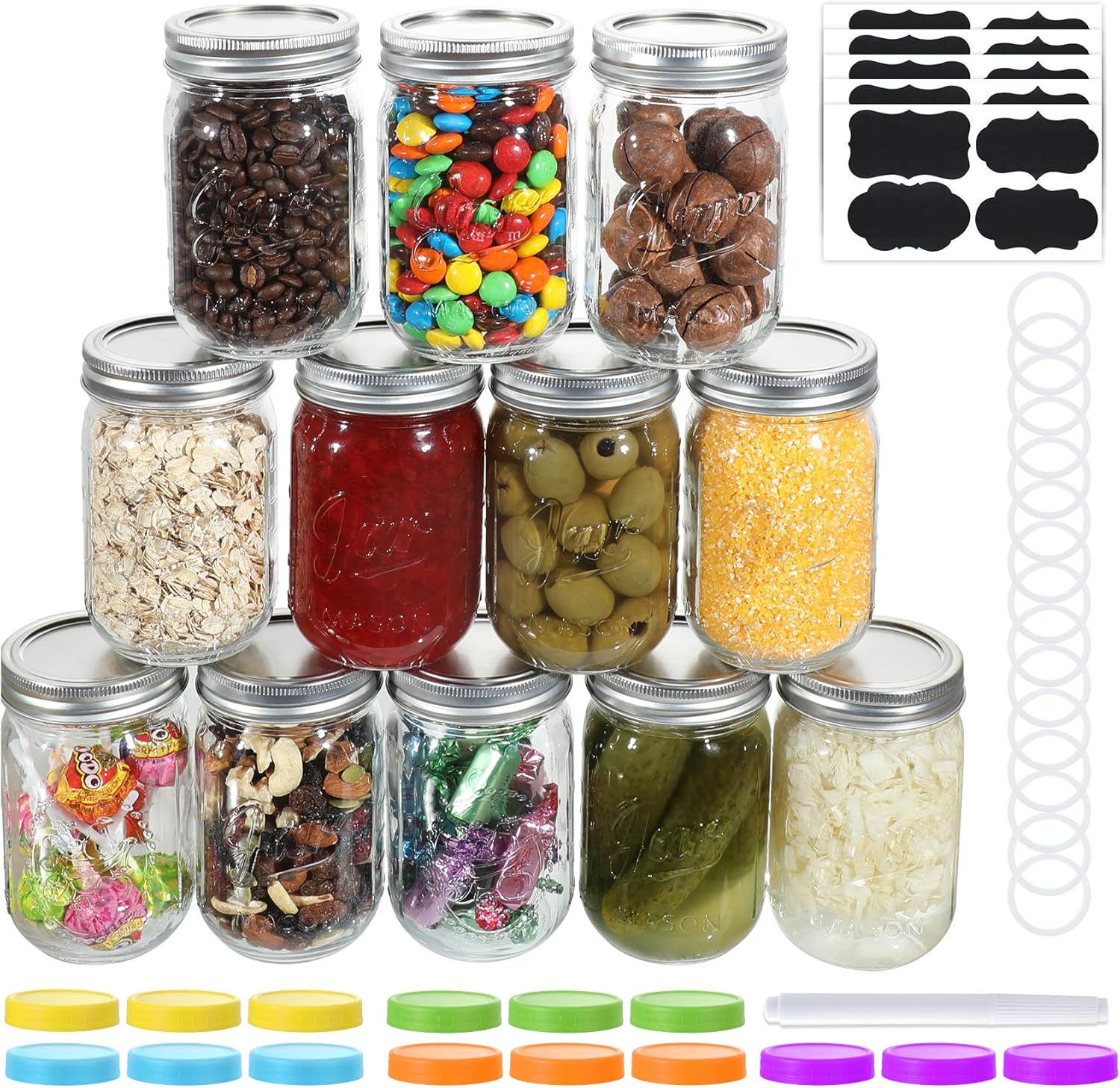 Aozita15 PACK Glass Mason Jars 12 oz, Regular Mouth Canning Jars with Metal Airtight Lids, Leak-Proof Colored Lids, Chalkboard Labels, Marker, for Meal Prep, Food Storage, Canning, Preserving: Home & Kitchen
