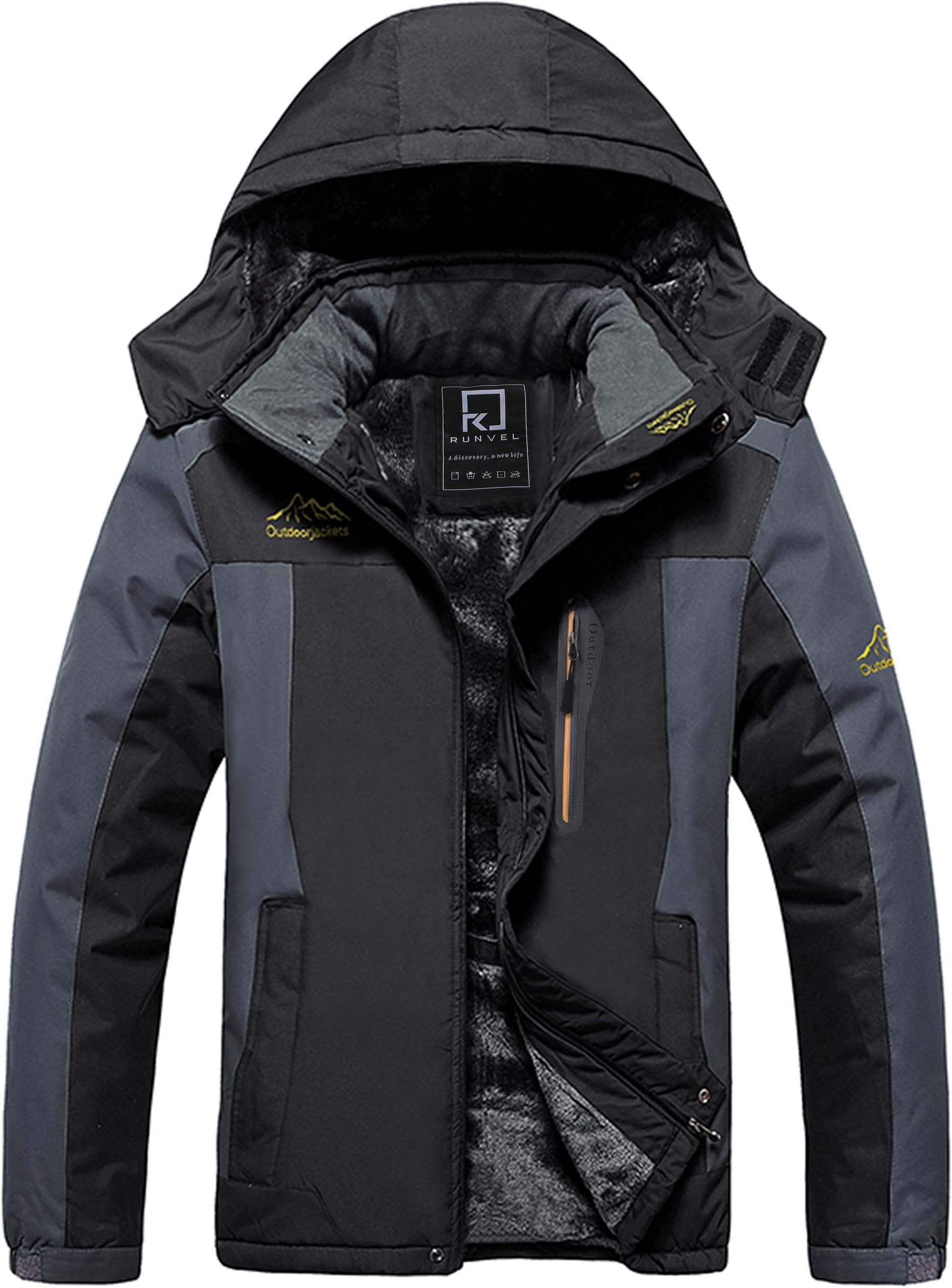 Men's Waterproof Fleece Jackets Winter Warm Windproof Outdoor Ski Coats with Detachable Hood