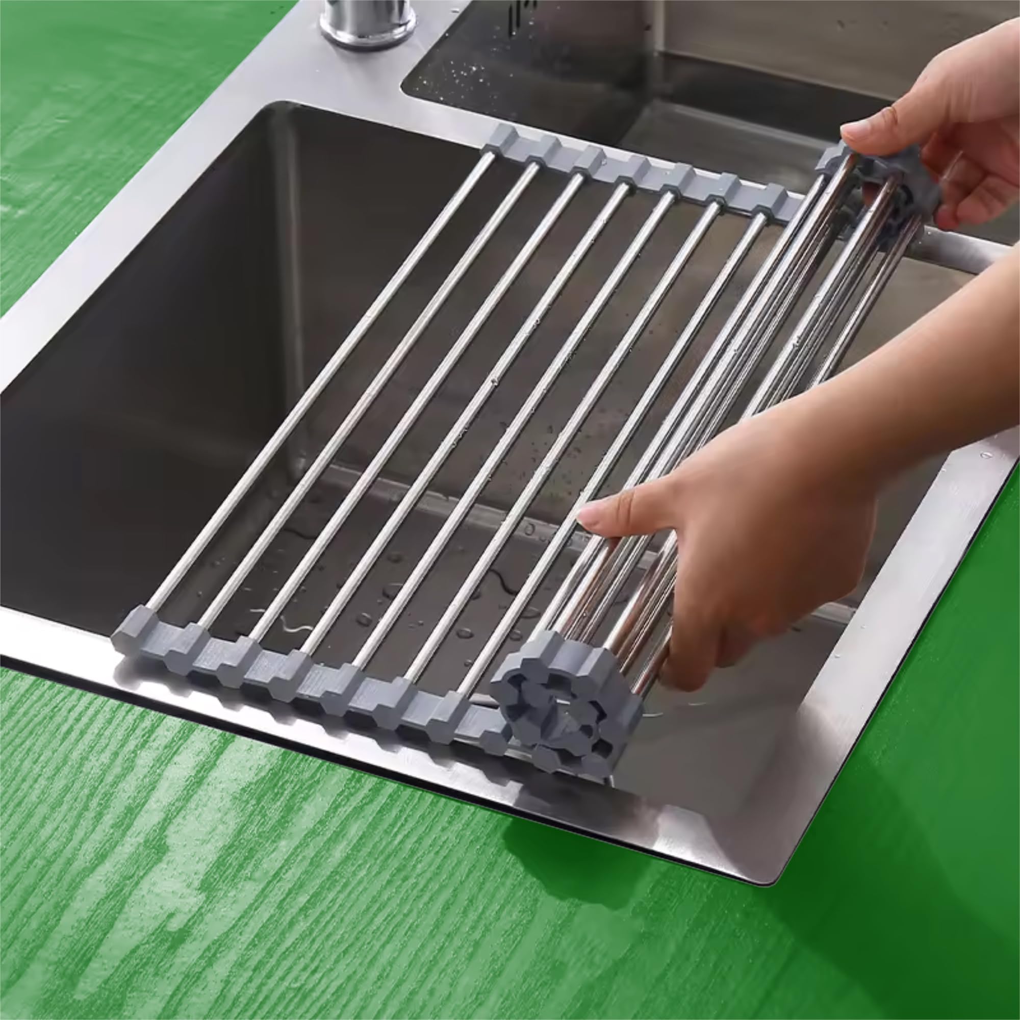 Maxter Foldable Stainless Steel Dish Drainer Rack 43 x 30 cm (LARGE) - Dish Rack for Sink with Roll-up Grid