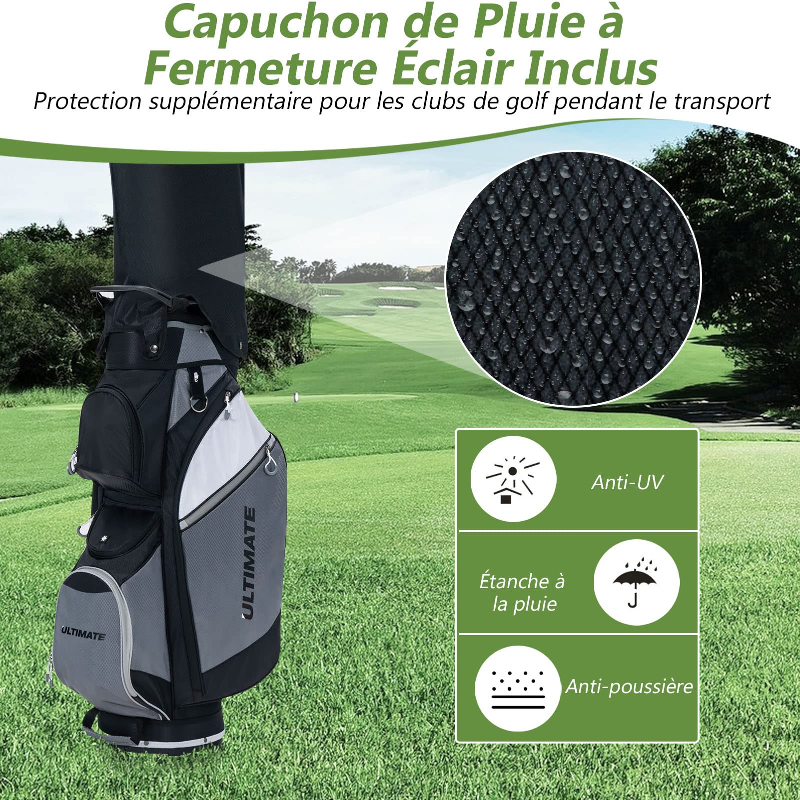 GOPLUS Sac de Chariot de Golf 14 Compartiments séparés avec Capuche Anti-Pluie, Sac de Voyage de Golf léger et Portable avec Housse Anti-poussière, bandoulière, Sac étanche pour Objets de Valeur