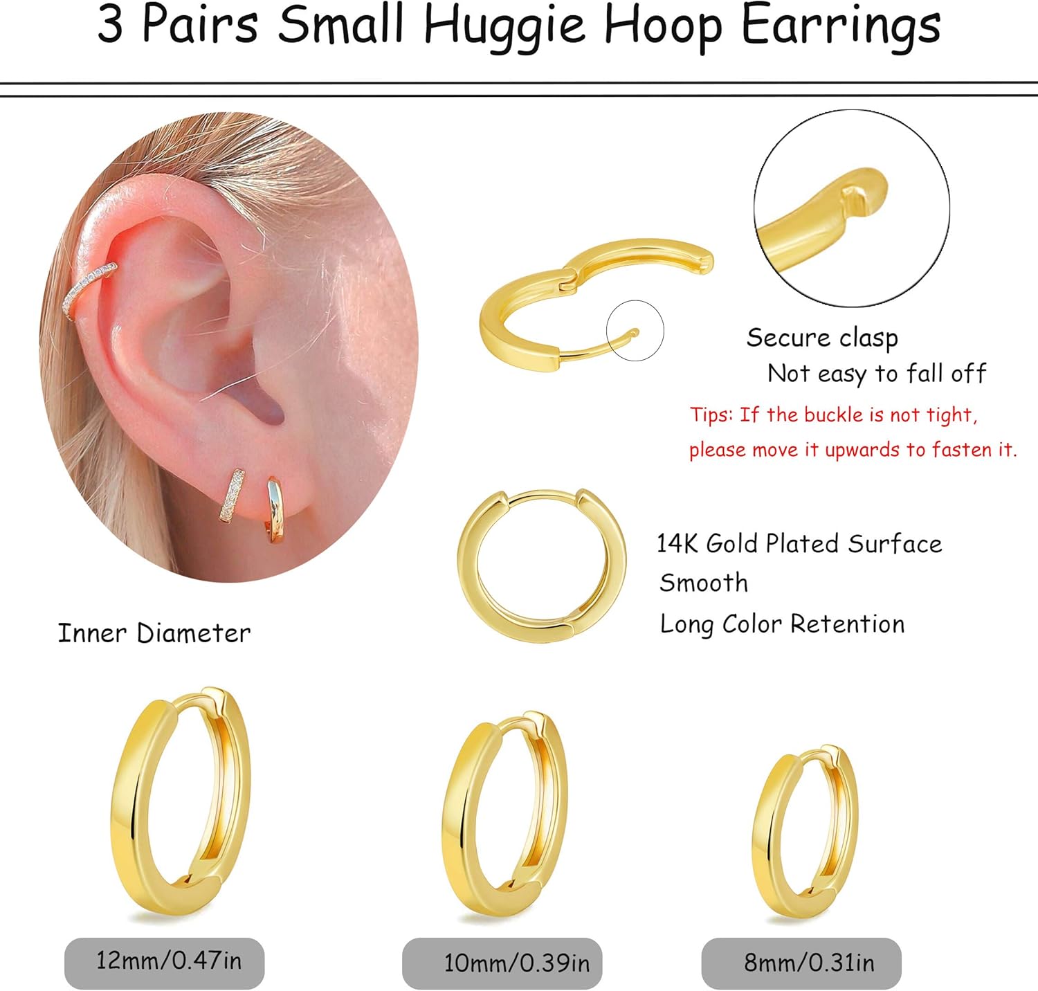micuco 3 Pairs Small Hoop Earrings Set for Women, 14K Gold Plated Huggie Hoop Earrings for Men, Tiny Cartilage Hypoallergenic Earring Set - Image 9