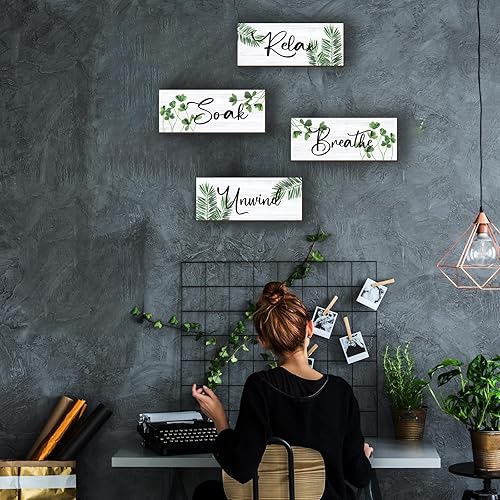 Miniatura 7 de 4 piezas de decoración de pared de baño de granja Relax Soak Unwind Breathe, letrero de madera para colgar, arte de pared rústico para oficina,