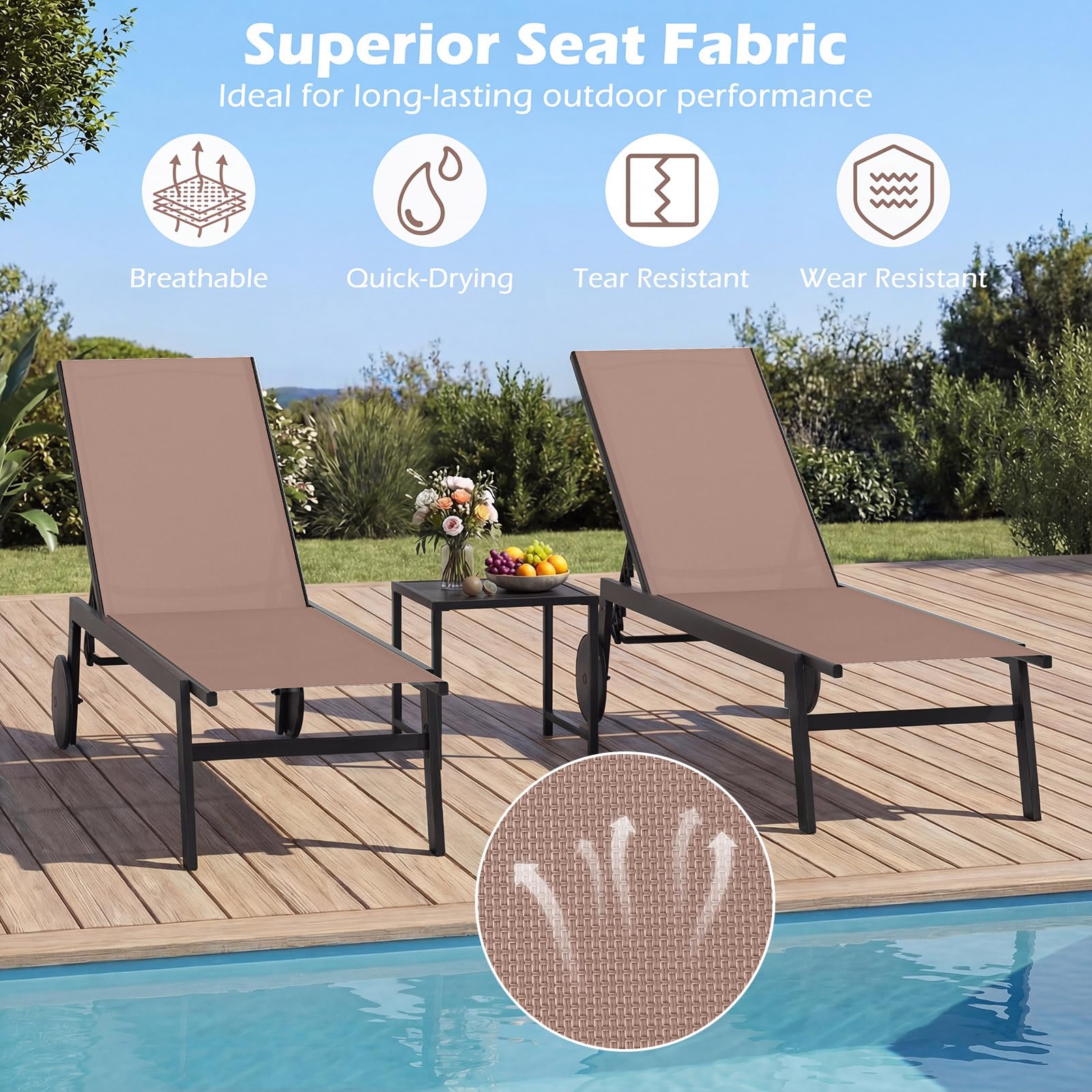 GIANTEX Juego de 1/2 Tumbonas de Jardín con Ruedas, Silla Reclinable de Metal con Respaldo Ajustable en 6 Posiciones, Tejido Transpirable, Tumbona para Piscina, Playa, Balcón (1, Marrón)