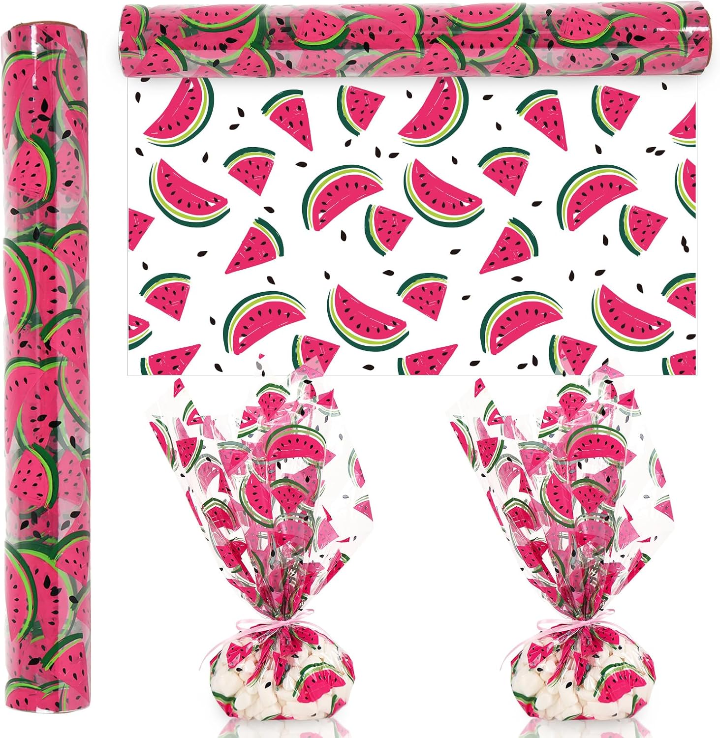 JarThenaAMCS Watermelon Cellophane Wrap Roll 100Ft x 16In 2.5Mil Pink Fruit Cellophane Paper Summer Cello Wrapping Paper for Treat Basket Birthday Party Favor