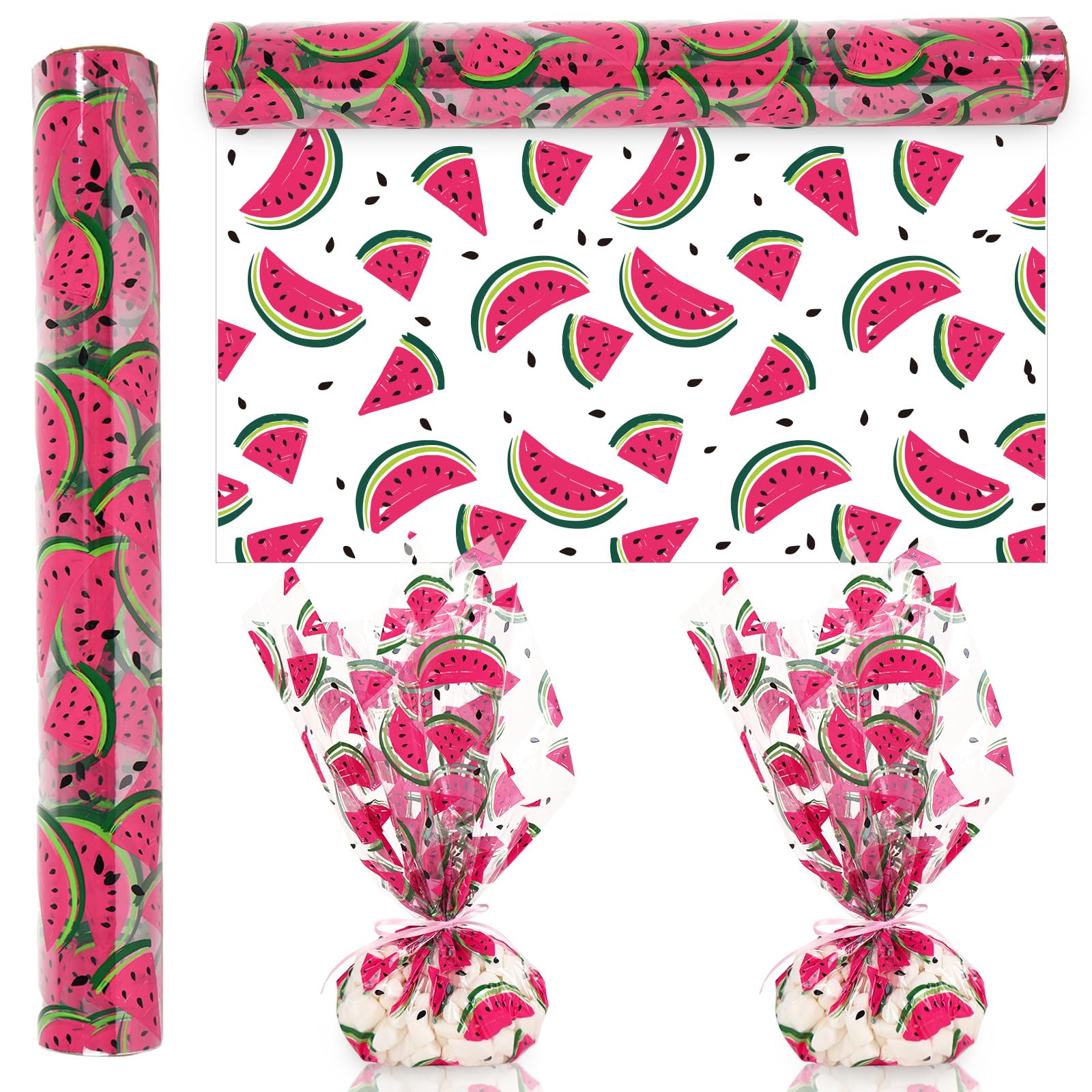 JarThenaAMCS Watermelon Cellophane Wrap Roll 100Ft x 16In 2.5Mil Pink Fruit Cellophane Paper Summer Cello Wrapping Paper for Treat Basket Birthday