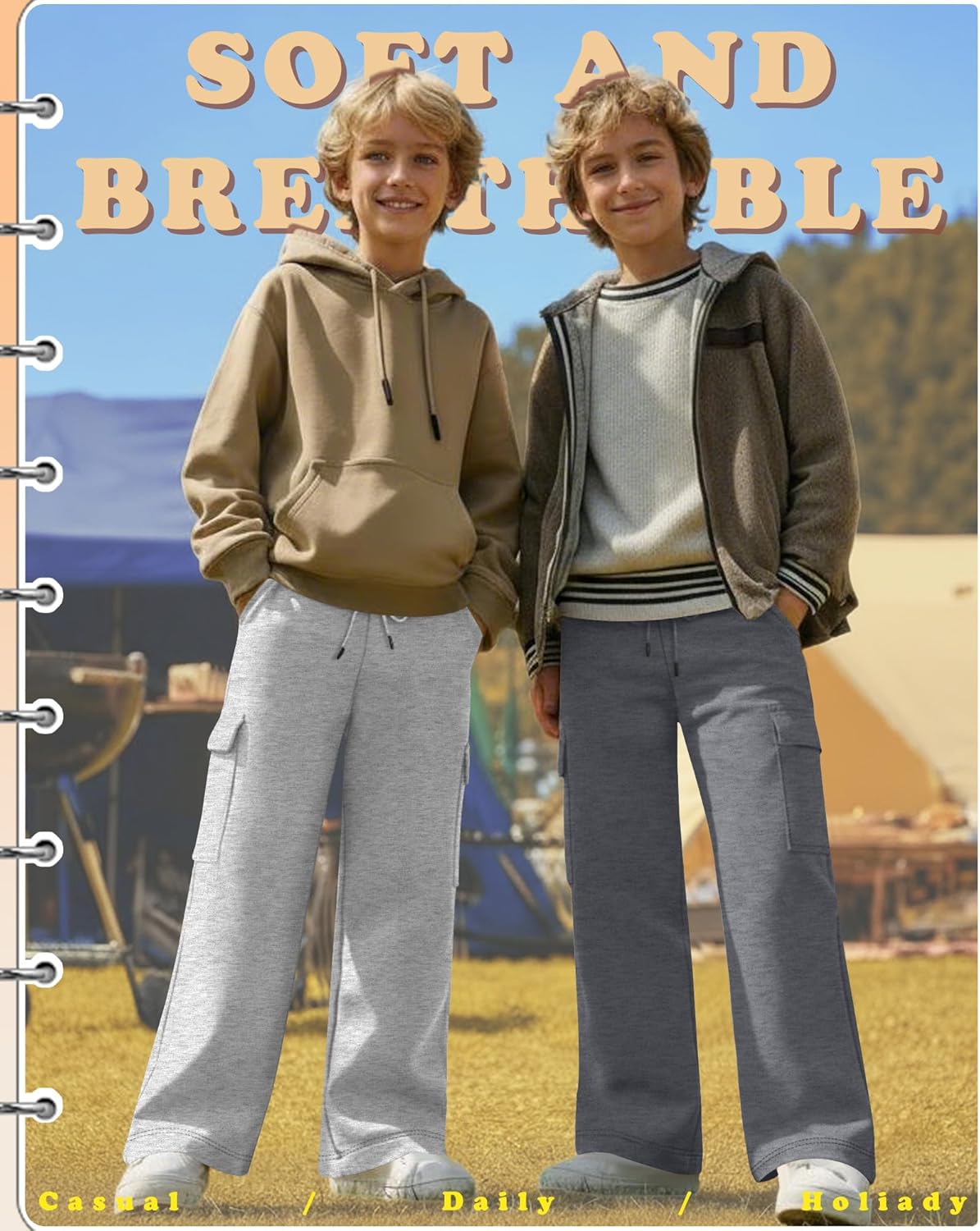 4 Pack Boys' Cargo Sweatpants Elastic Drawstring Open Bottom Active Pants Casual Workout Joggers with 4 Pockets - Image 2