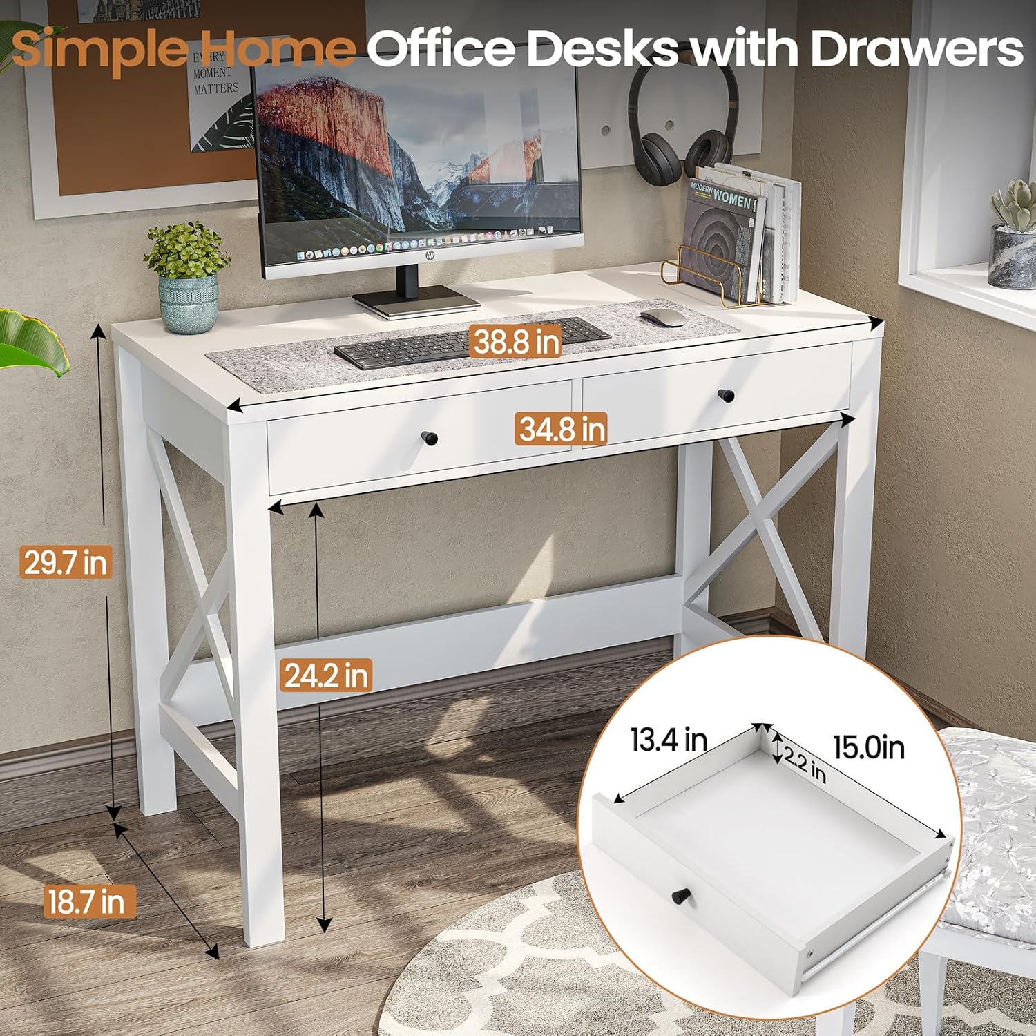 Diagram showing the overall dimensions of the desk, including height, width, depth, and drawer dimensions.