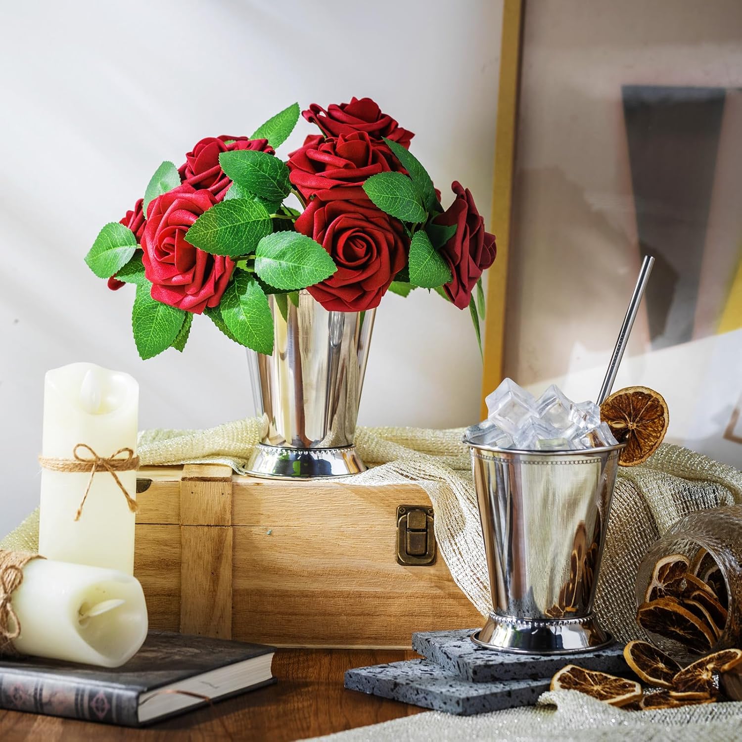 Zhehao 39 Pcs Mint Julep Cups with Artificial Roses 12oz Stainless Steel Cocktail Glasses Beaded Trim Border Derby Cups for Table Centerpiece Horse Racing Derby Party Decoration (Sliver)