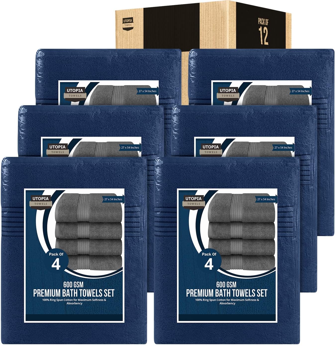 Utopia Towels 12 Pack Bath Towels Set, (27 x 54 Inches) 100% Ring Spun Cotton, Quick Dry, Highly Absorbent, Soft Feel Towels, Perfect for Daily Use (Navy)