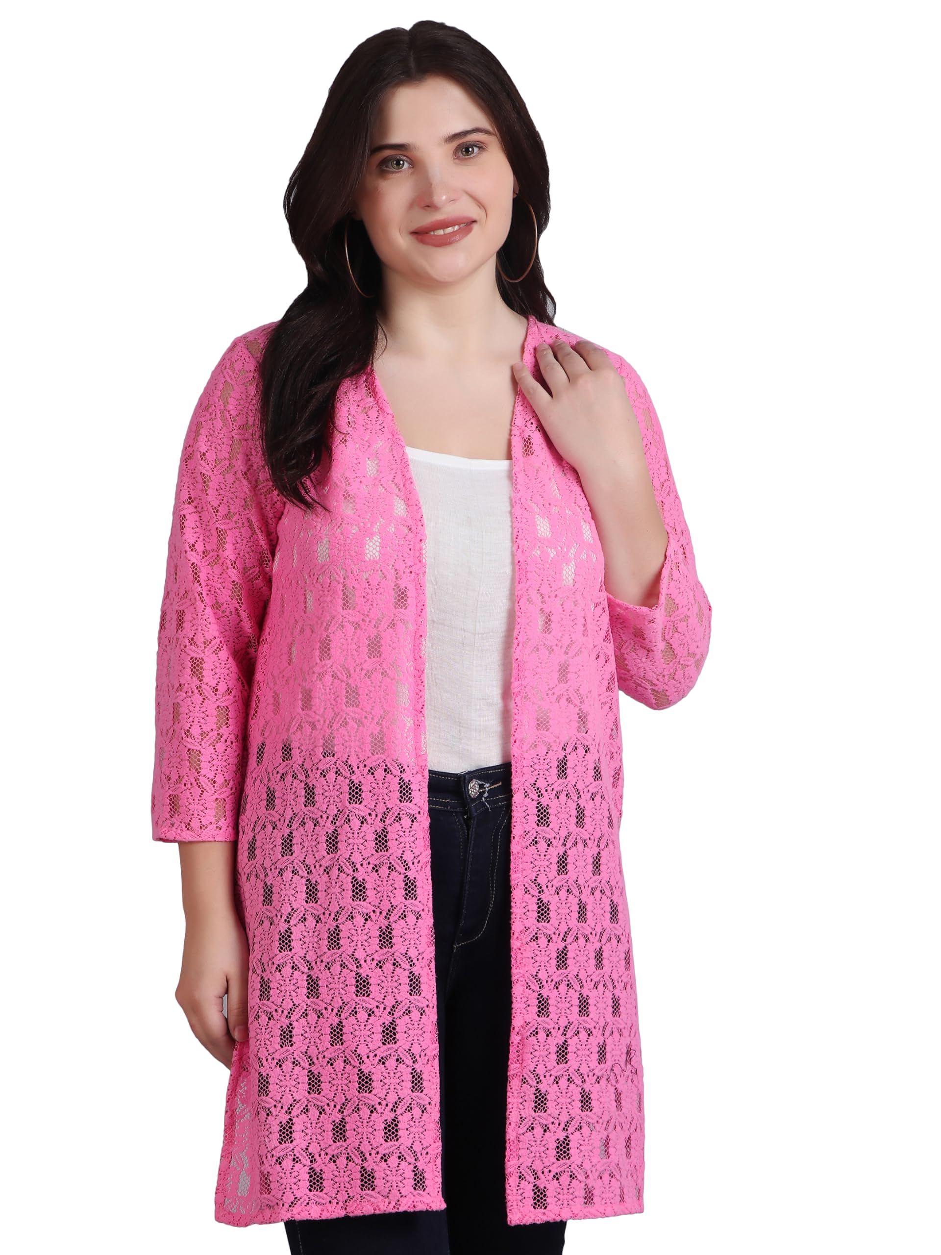 dressitude Women Self Design Cotton Lace 3/4th Sleeve Long Shrug | Front Open, No Closure | Pink-picture-18