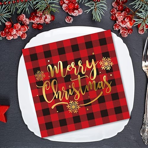 Miniatura 4 de Whaline Paquete de 90 servilletas de papel de Navidad con patrón de búfalo dorado a cuadros servilletas desechables de Navidad saludos de Navidad