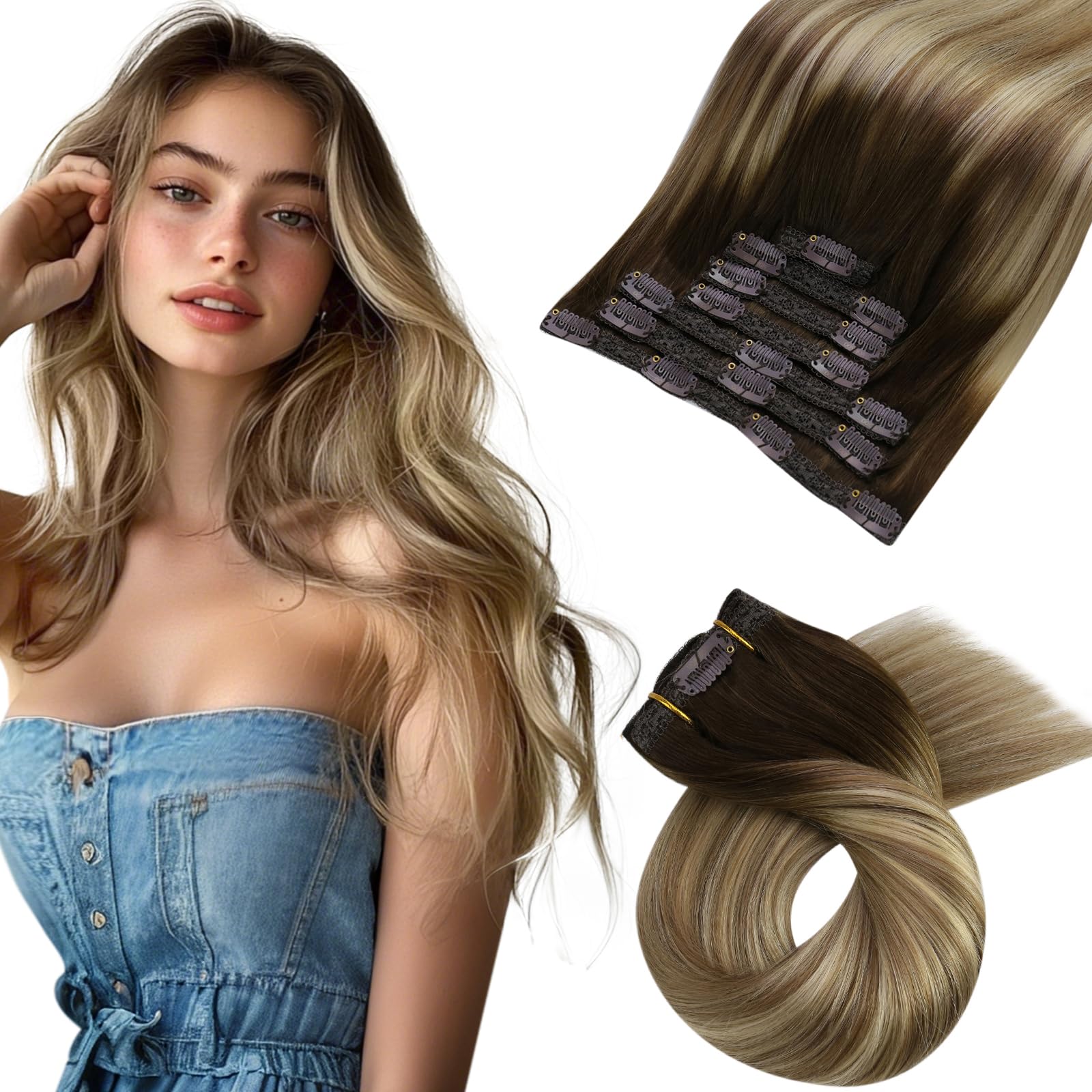 Moresoo Clip in Hair Extensions Real Human Hair Shoulder-length 14 Inch Short Double Wefted Clip in Hair Extensions Remy Straight Ombre Brown to Light Brown with Medium Blonde #3/8/22 5pcs 80G