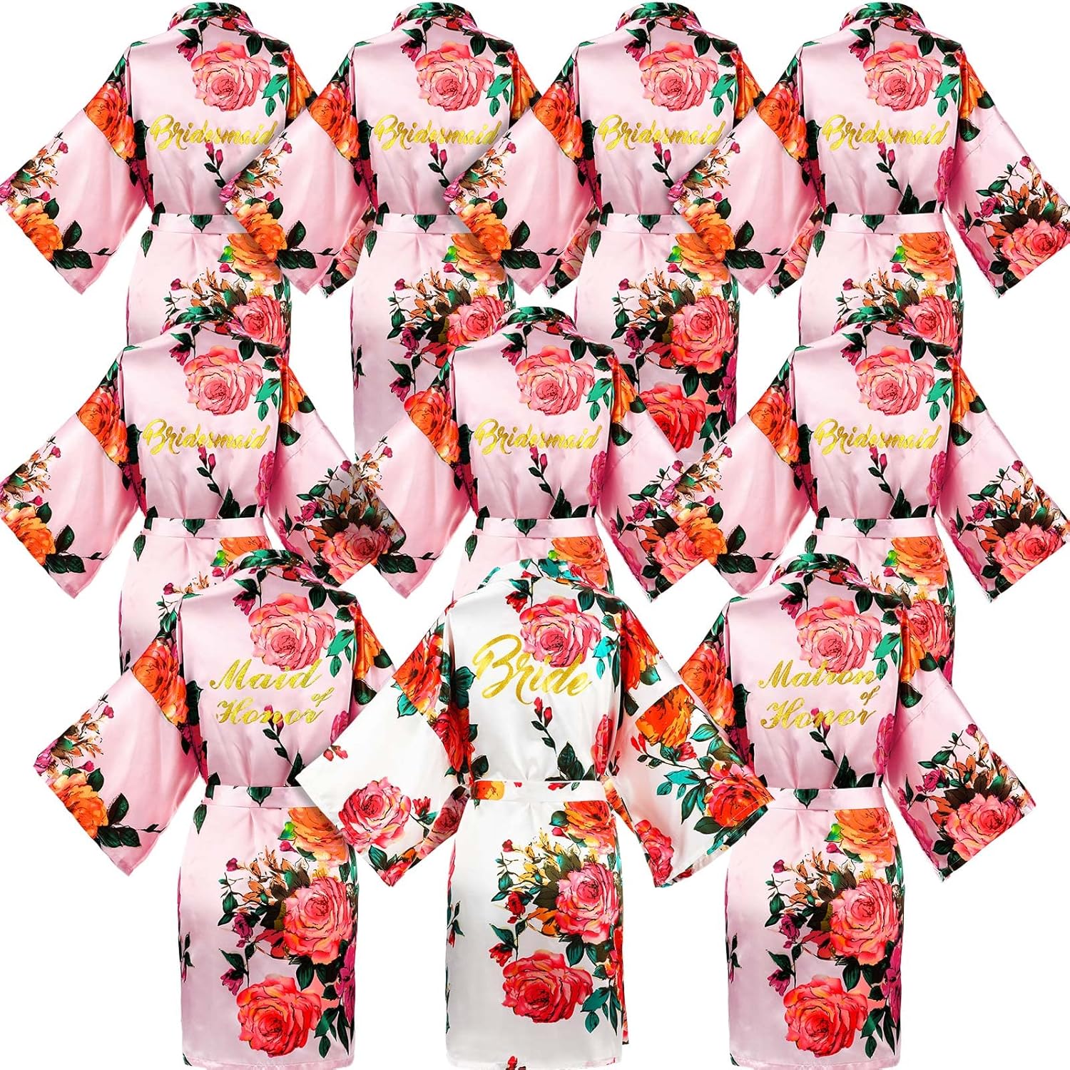 Coume 10 Pcs Bride Bridesmaids Wedding Robes Satin Women Floral Kimono Robes for Wedding Supplies (Maid of Honor and Matron of Honor)