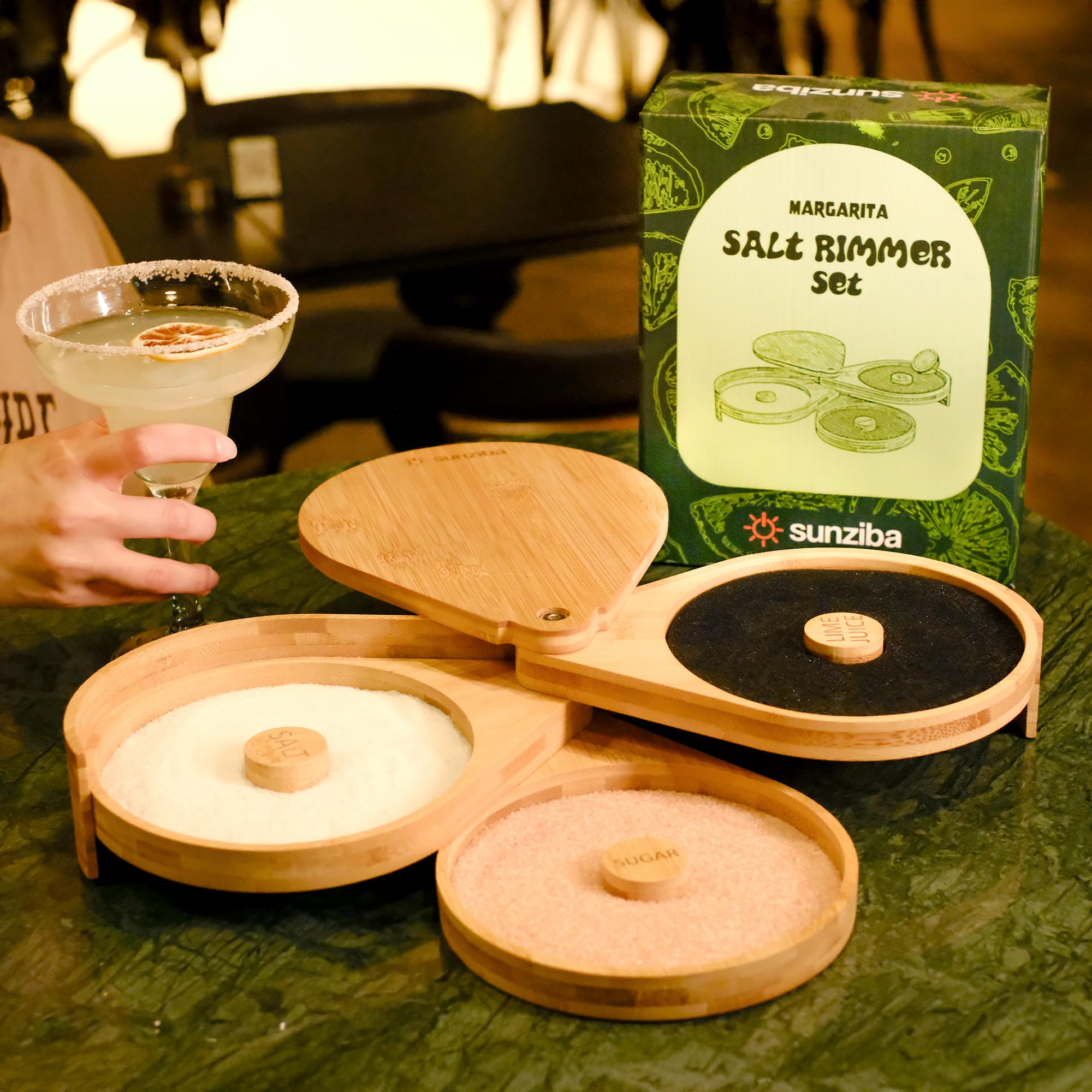 Juego de borde de sal de bambú - Accesorios de camarero para bar en casa - Kit completo de margarita de 3 niveles con borde de sal