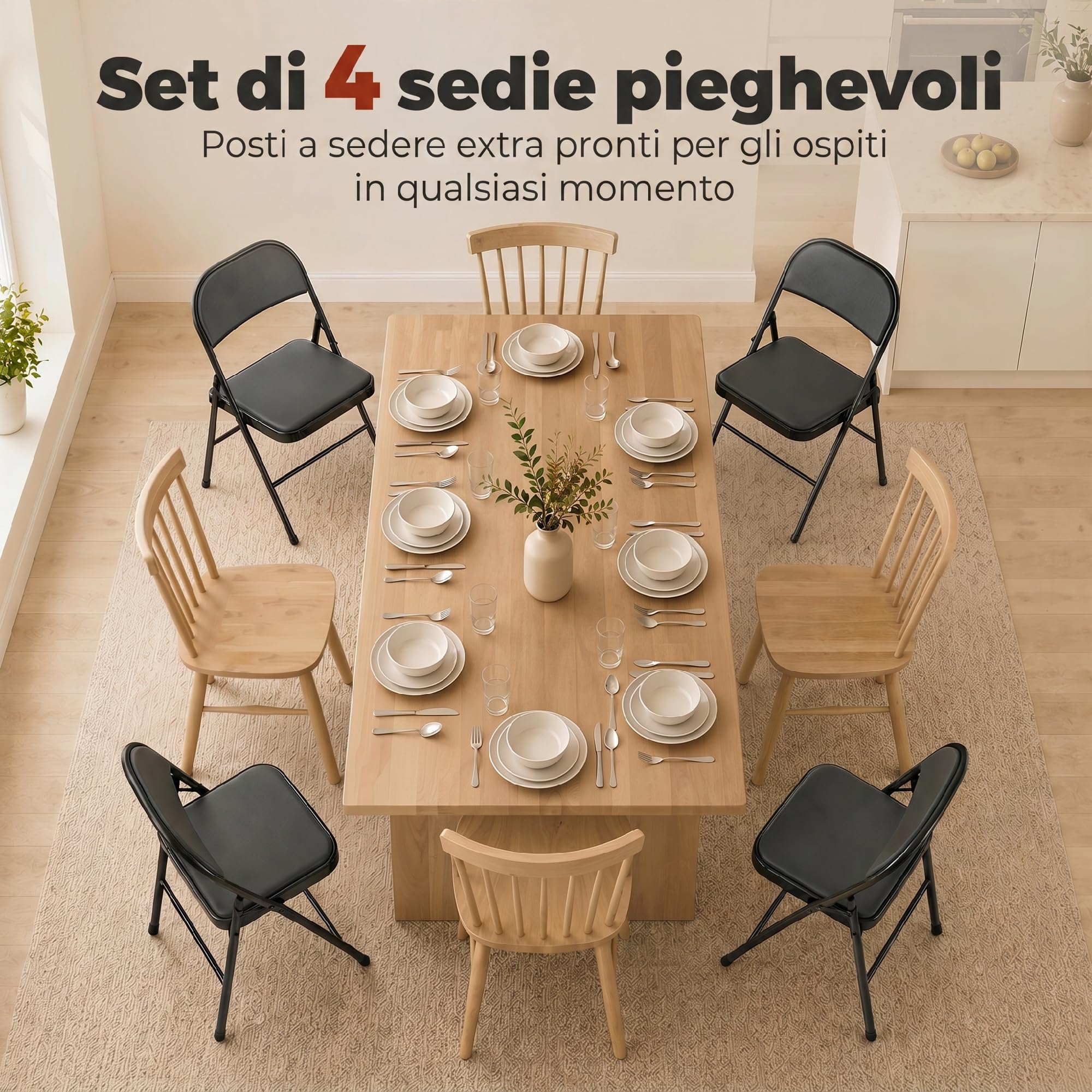 HOMCOM Set di 4 Sedie Pieghevoli Imbottite in Finta Pelle PU, Sedie Richiudibili Salvaspazio in Acciaio, Sedia Pieghevole da Interno per Casa, Ufficio, Festa ed Eventi, 45x46x78 cm, Nero