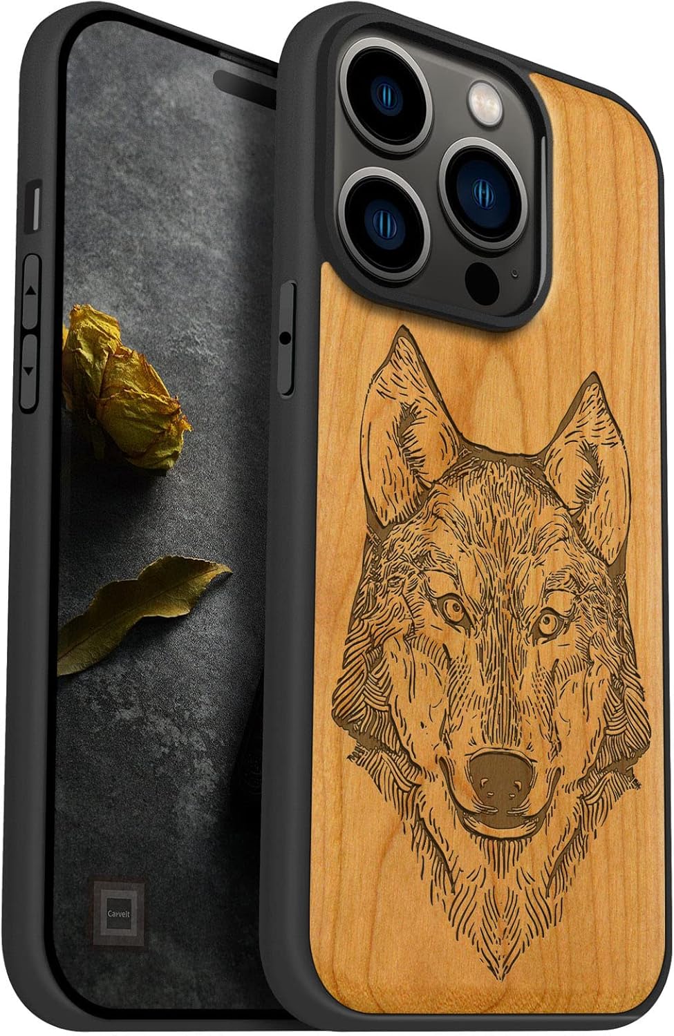 Carveit Magnetic Wood Case for iPhone 14 Pro Case [Natural Wood & Black Soft TPU] Unique & Classy Wooden Shockproof Protective Cover Compatible with magsafe (Wolf Head -Cherry)