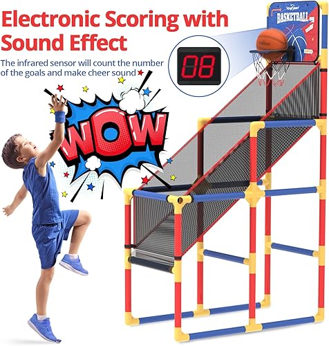 Vista 2 de Juego de baloncesto para niños con marcador electrónico y sonidos de alegría, aro de baloncesto para interiores y exteriores con 4 bolas, juguete