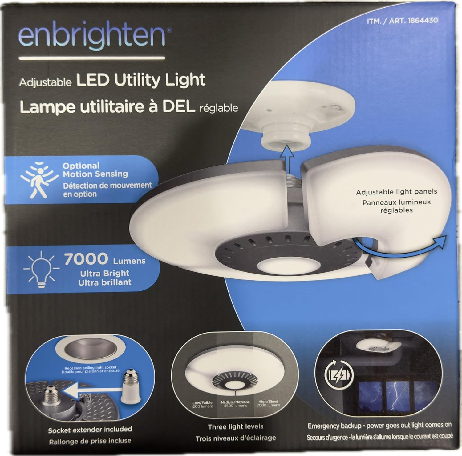 Front view of the Enbrighten Adjustable LED Utility Light product packaging, highlighting key features like 7000 lumens and optional motion sensing.