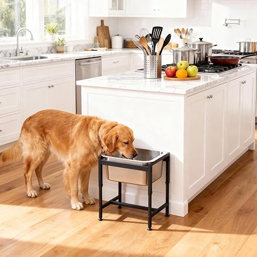 Miniatura 6 de Piskyet Cuenco elevado de agua para perros de 2.5 galones para razas grandes, acero inoxidable elevado ajustable de 14.2 pulgadas con soporte de