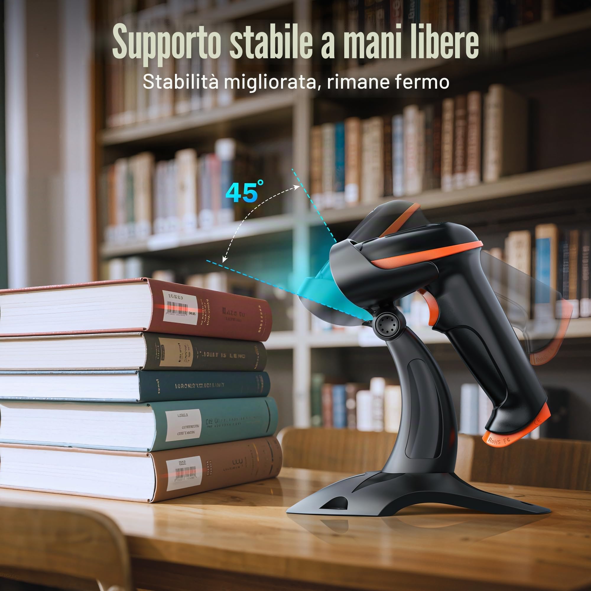 Tera Lettore di codici a barre 1D 2D QR senza fili 2,4 GHz + cavo USB 2,0, lettore di codici a barre con supporto, risoluzione 5 mil, portata 100 m, D5100.