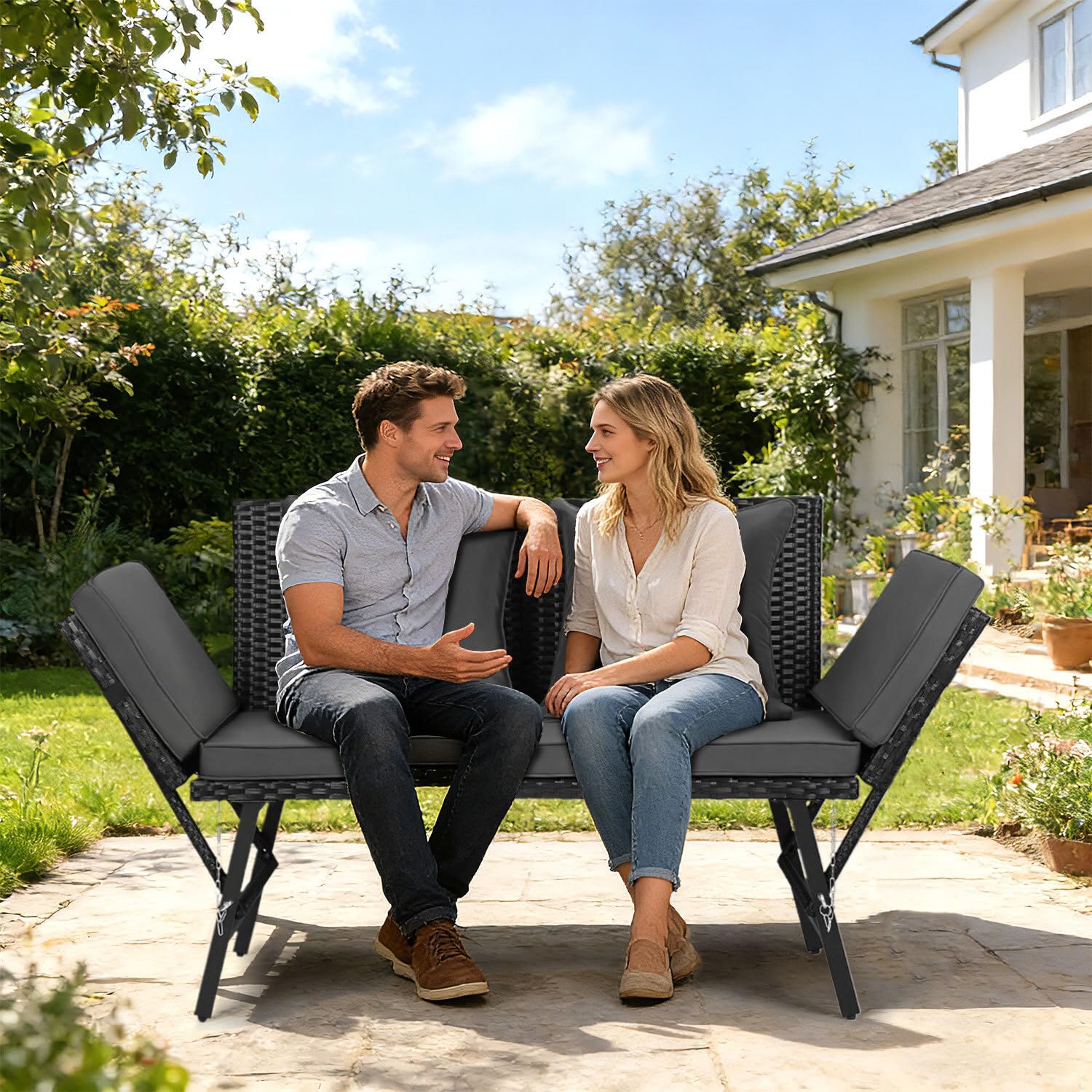 Panchina da giardino in polyrattan 3 in 1 con funzione sdraio, divano da balcone a 2 posti, pieghevole, braccioli pieghevoli, rivestimenti rimovibili, mobili da salotto per giardino, balcone
