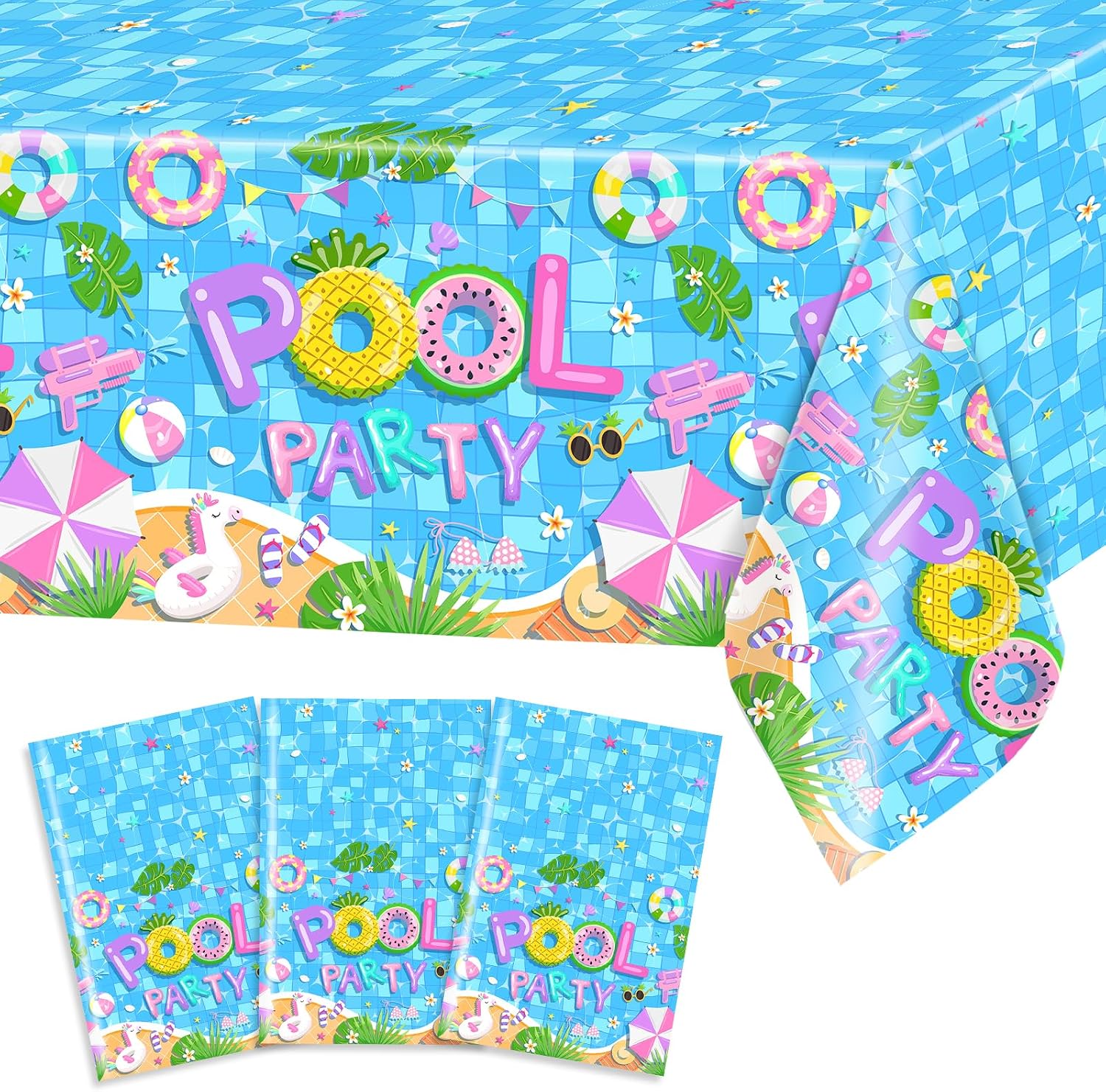 Avezano 3 pcs Summer Pool Party Decorations Pool Party Table Cloth 108 x 54 inch Plastic Disposable Swimming Birthday Party Tablecovers Favors