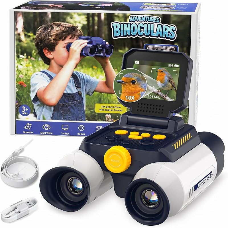 Prismáticos para niños con cámara de visión nocturna, telescopio digital de aventuras con zoom 10X con pantalla IPS de 2,4", juguetes STEM Nature Explorer para observación de aves, camping, regalos para niños y niñas de 4 a 12 años, color blanco