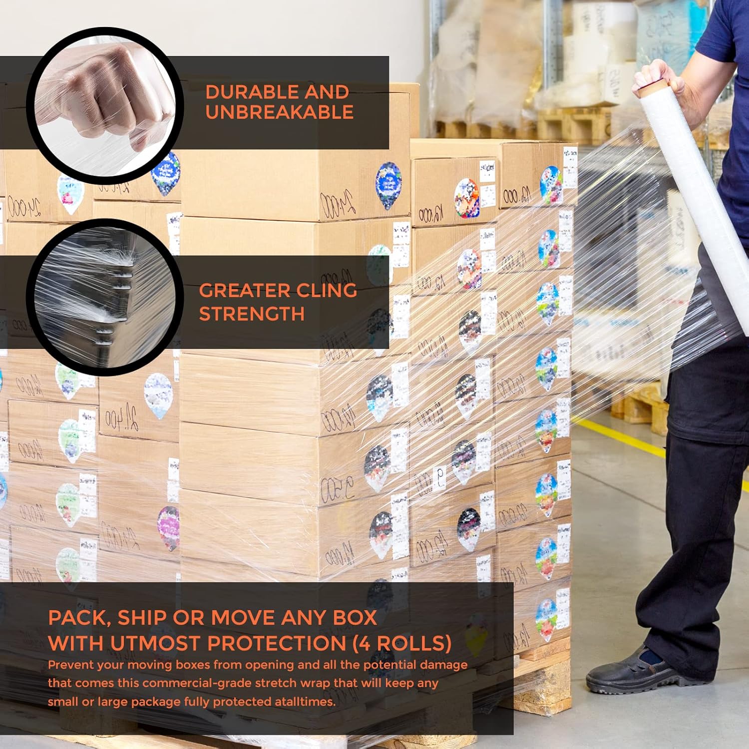 18” Stretch Wrap Film 4 Rolls x 1000 Ft Strength Adhering Shrink Wrap Rolls for Box Furniture Wrapping Heavy Duty Clear Plastic Wrap for Moving Packaging