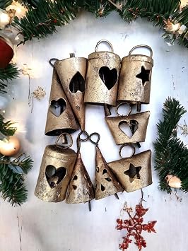 Mango Gifts Rustic Cow Vintage Metal Heart Star Cutout Craft Tin Bells Christmas Tree Decoration with Jute Twine, Bringing Festive Charm to Your Holiday Decor