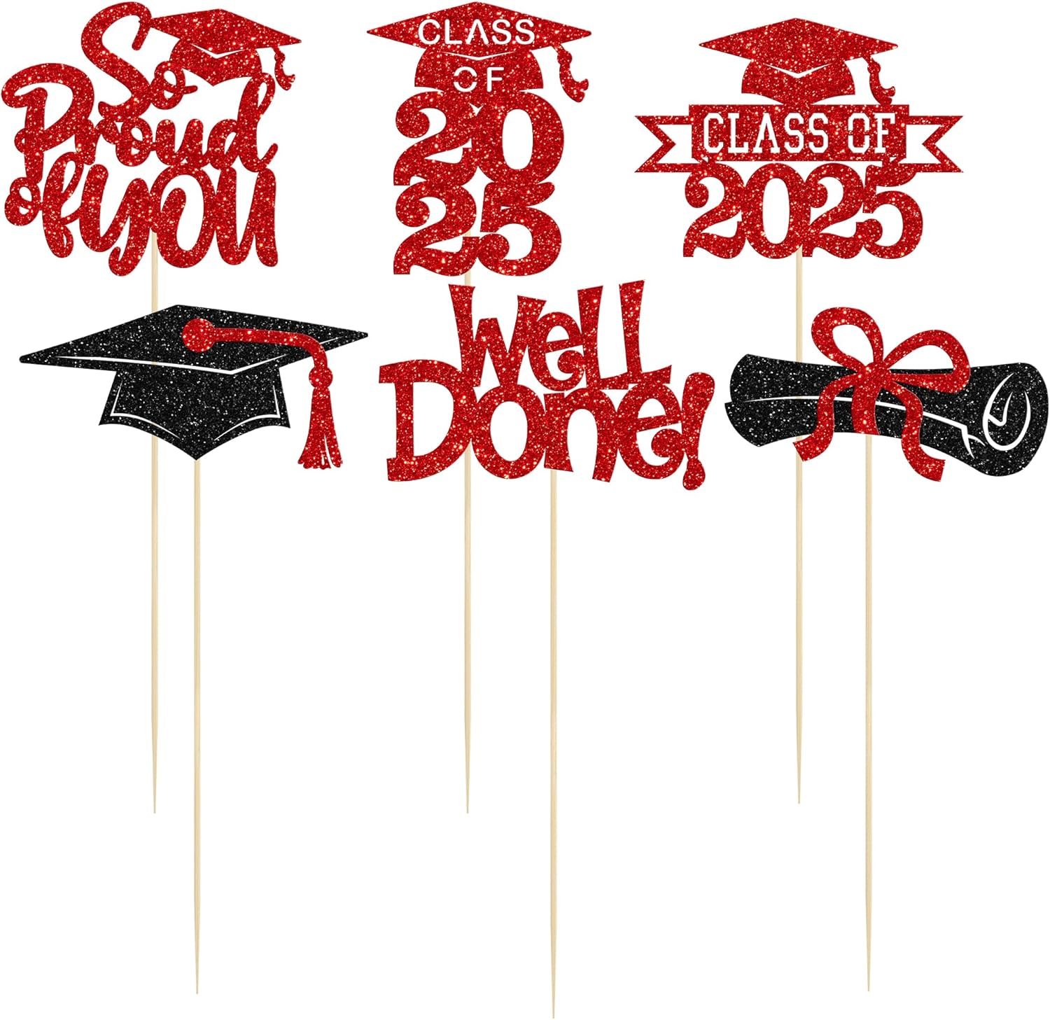 Gyufise 12Pcs Congrats Grad 2025 Centerpiece Sticks Glitter 2025 Graduation Done Diploma Table Flower Centerpieces Sticks Class of 2025 Party Decorations for 2025 Graduation Party Supplies Red