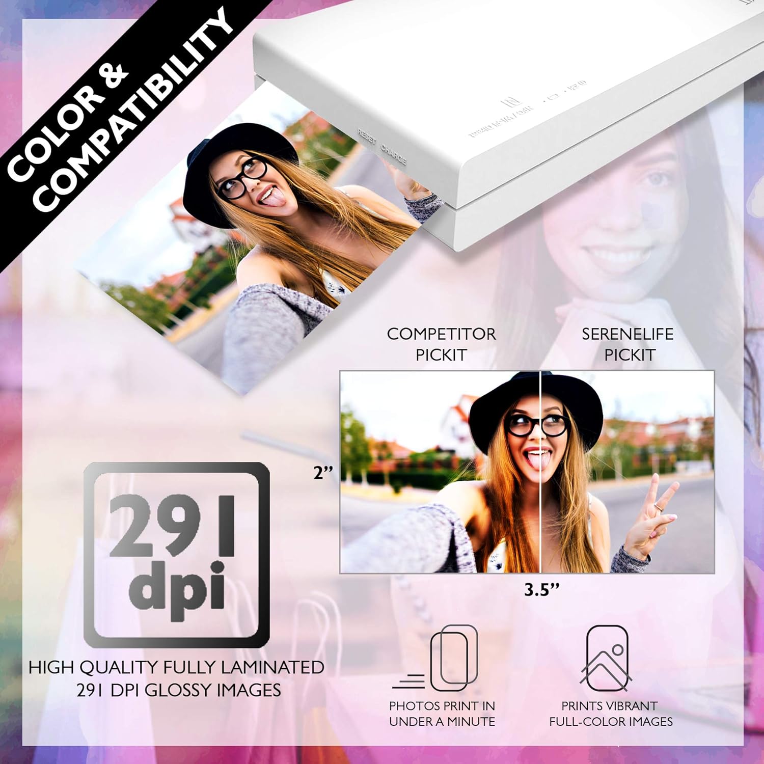 SereneLife Wireless Instant Photo Printer - Portable Mobile Borderless 3.5" x 2" Pictures, Color Picture Printing from Your Smartphone, Compact, Inkless, and Travel-Friendly